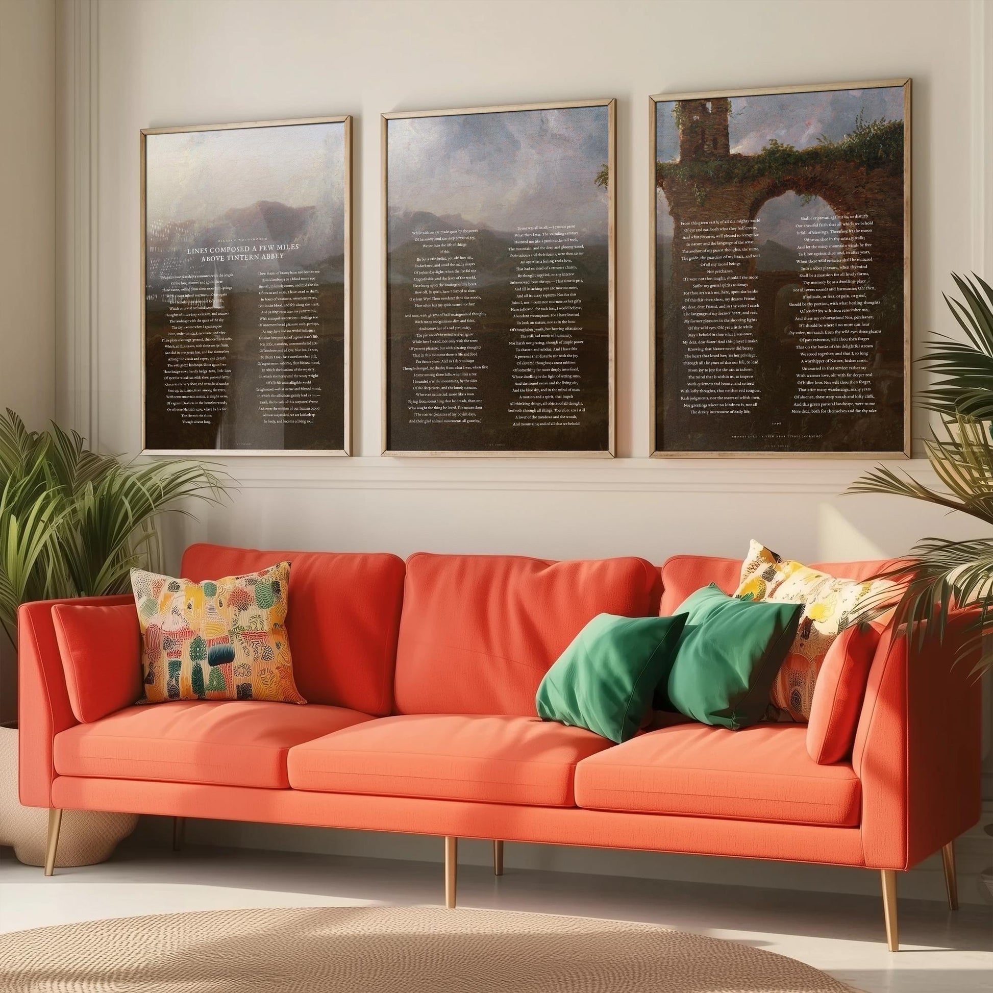 Lines Composed Above Tintern Abbey by William Wordsworth Set of Three Art Prints - Full Poem over Thomas Cole Painting - Poetry Posters
