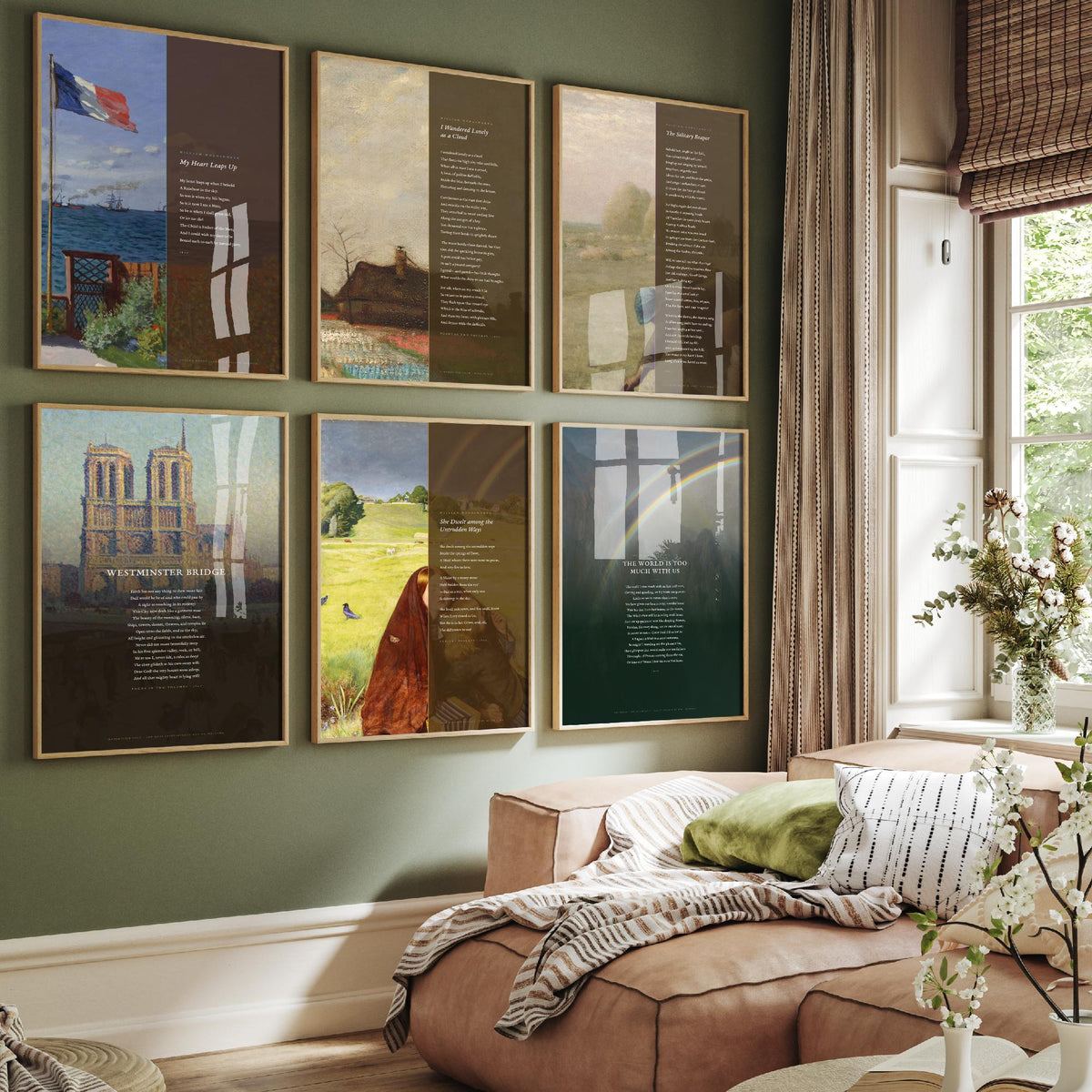 Set of Six Wordsworth Poem Art Prints - I Wandered Lonely as a Cloud, Westminster Bridge, Solitary Reaper - Full Poem Painting Posters