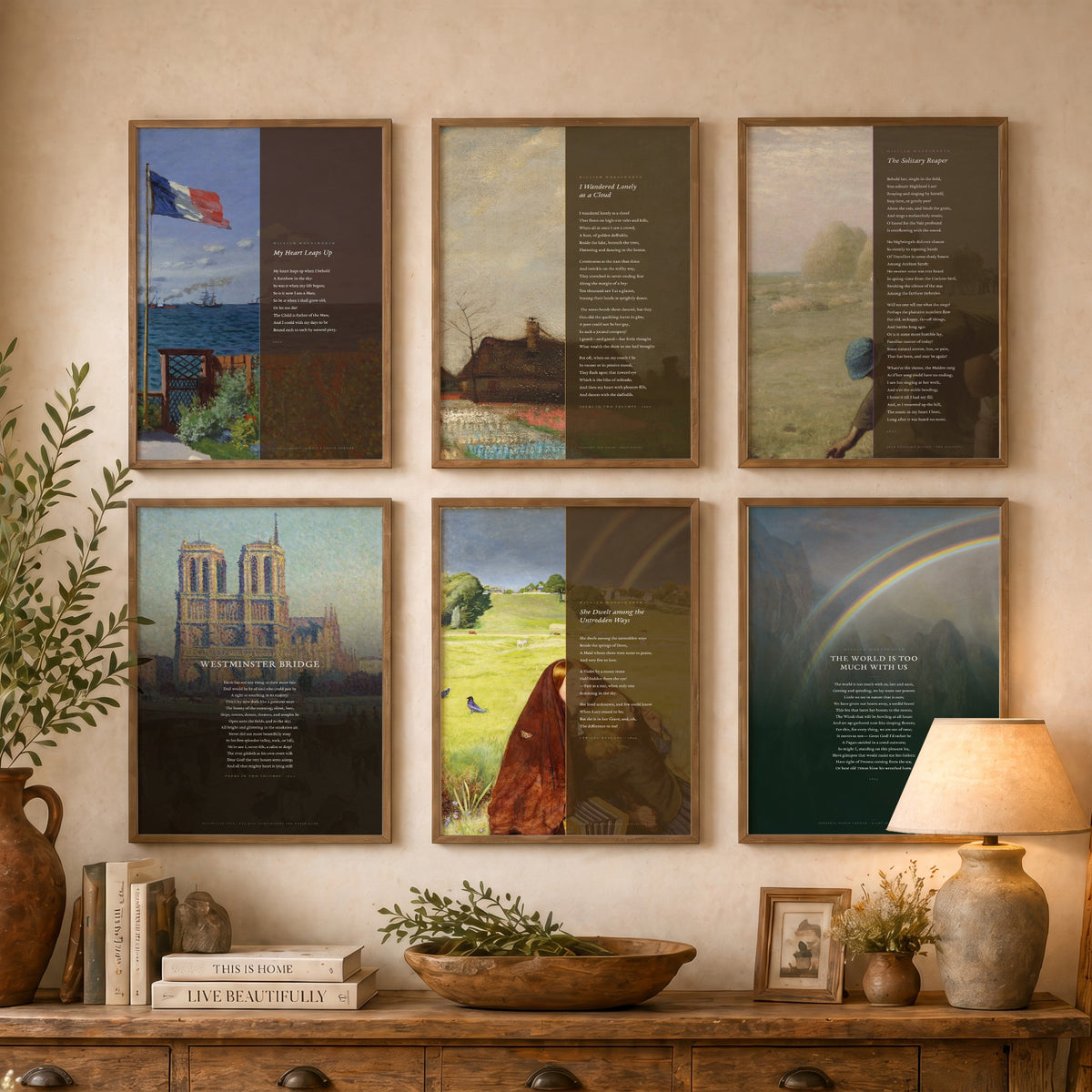 Set of Six Wordsworth Poem Art Prints - I Wandered Lonely as a Cloud, Westminster Bridge, Solitary Reaper - Full Poem Painting Posters