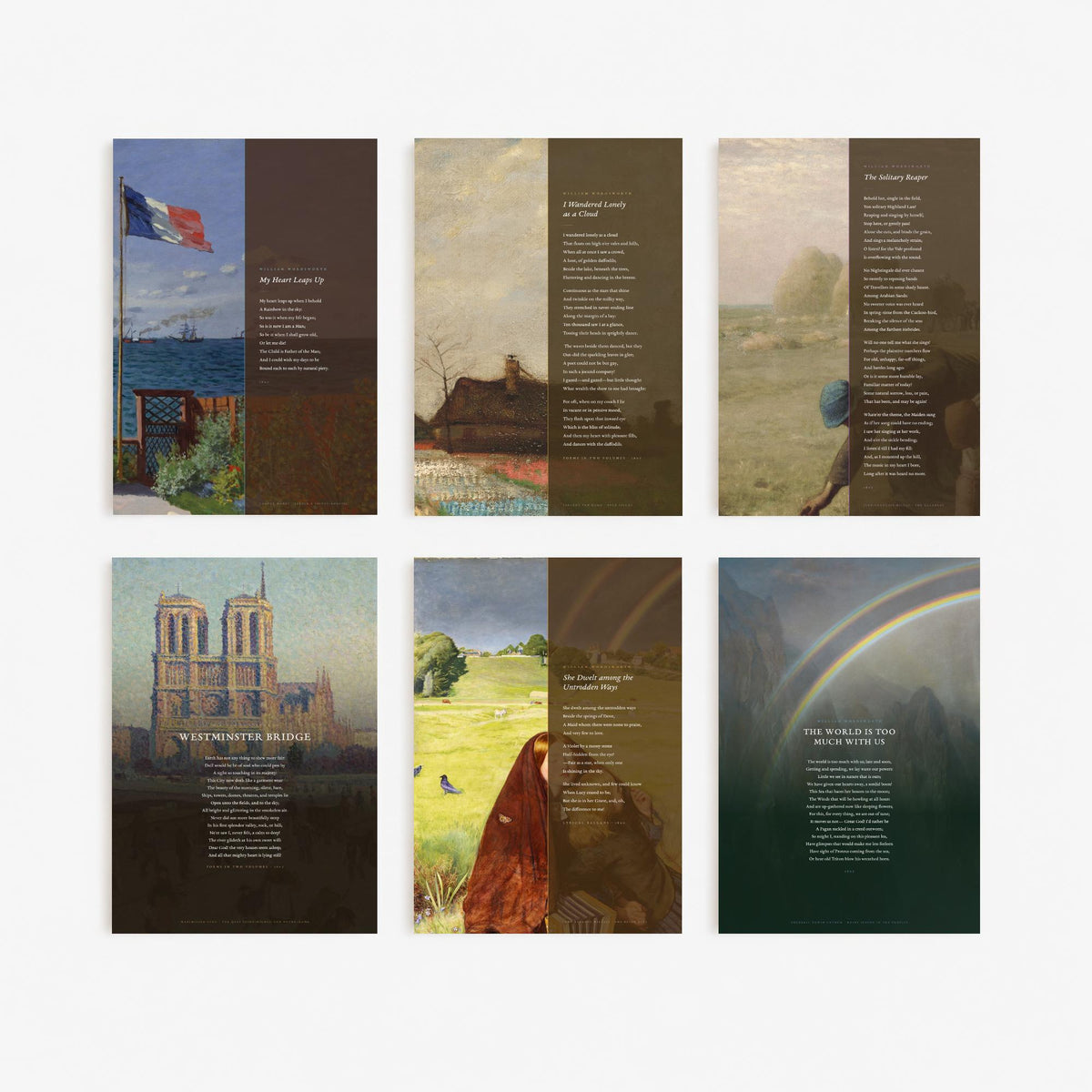 Set of Six Wordsworth Poem Art Prints - I Wandered Lonely as a Cloud, Westminster Bridge, Solitary Reaper - Full Poem Painting Posters