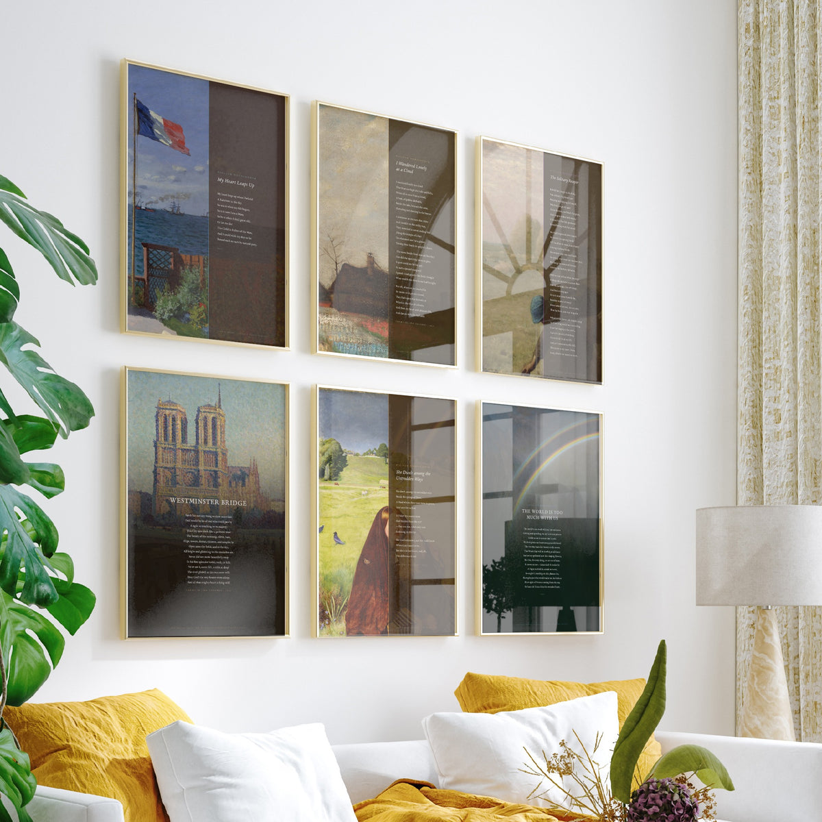 Set of Six Wordsworth Poem Art Prints - I Wandered Lonely as a Cloud, Westminster Bridge, Solitary Reaper - Full Poem Painting Posters