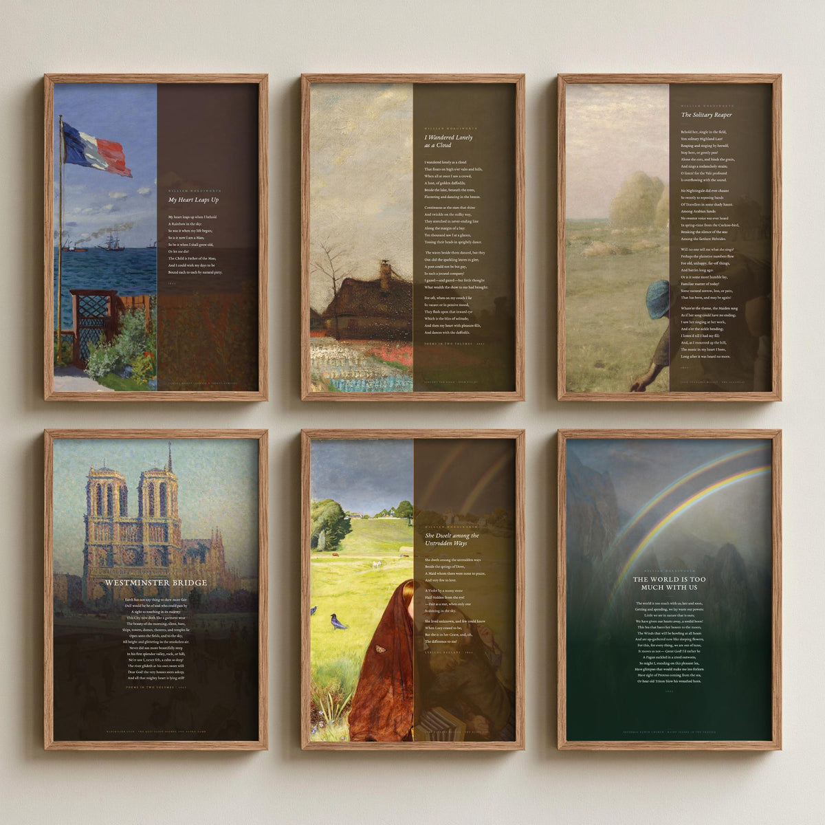 Set of Six Wordsworth Poem Art Prints - I Wandered Lonely as a Cloud, Westminster Bridge, Solitary Reaper - Full Poem Painting Posters