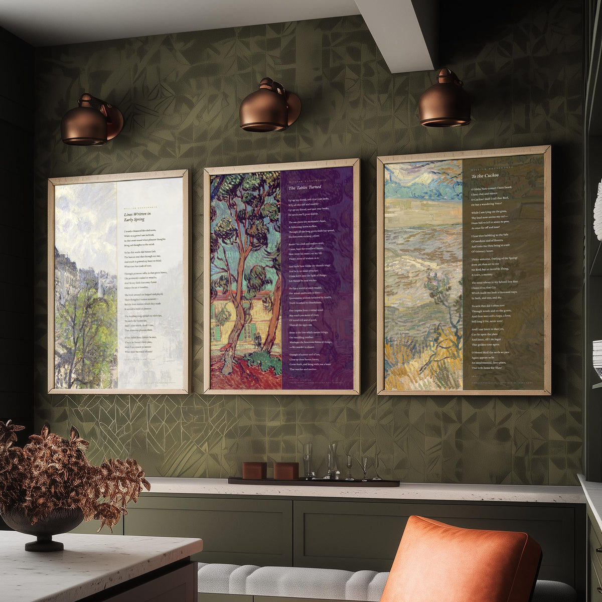Wordsworth Set of Three Art Prints - Lines Written in Early Spring, The Tables Turned, To the Cuckoo - Van Gogh Painting Poster Triptych V2