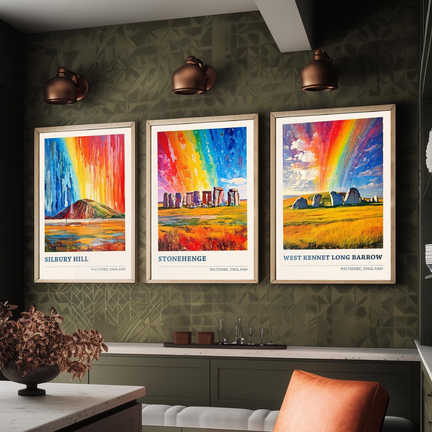 Wiltshire Heritage Set of Three Art Prints | Silbury Hill Stonehenge West Kennet Painting Poster
