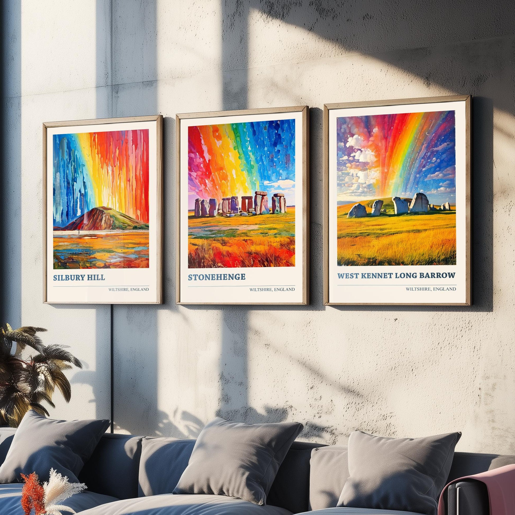 Wiltshire Heritage Set of Three Art Prints | Silbury Hill Stonehenge West Kennet Painting Poster