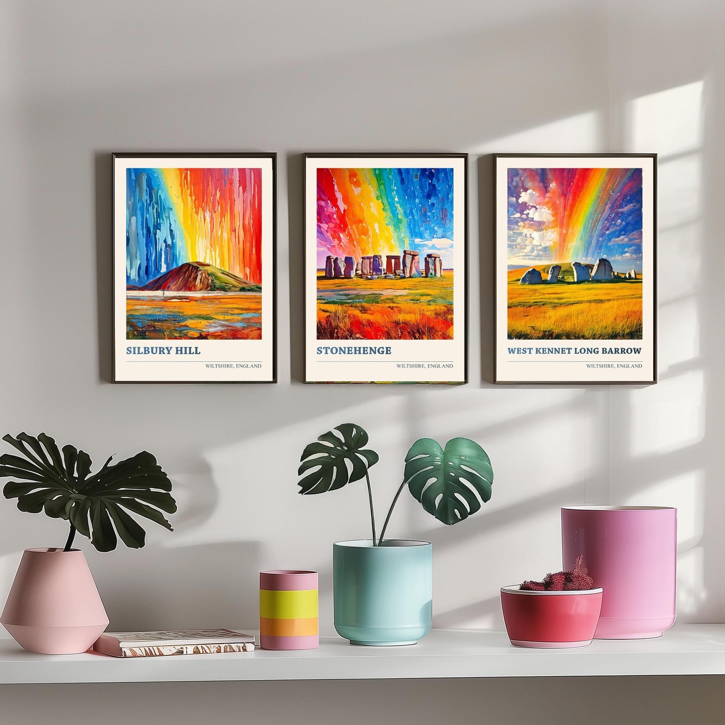Wiltshire Heritage Set of Three Art Prints | Silbury Hill Stonehenge West Kennet Painting Poster
