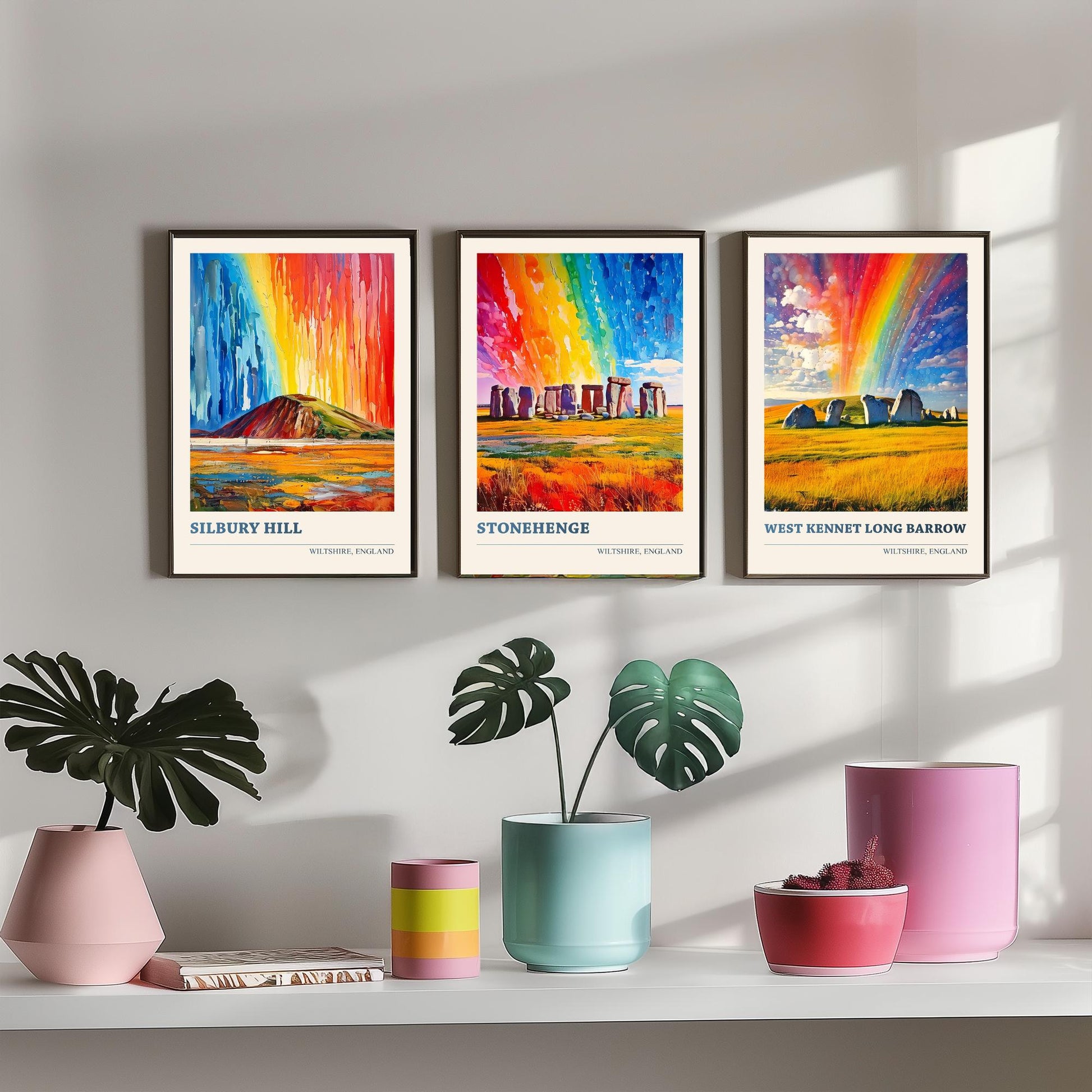 Wiltshire Heritage Set of Three Art Prints | Silbury Hill Stonehenge West Kennet Painting Poster