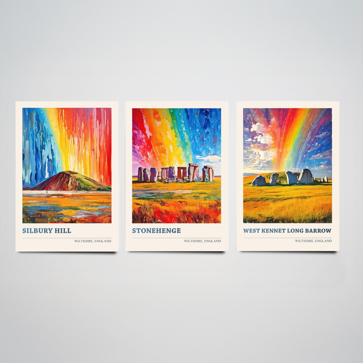 Wiltshire Heritage Set of Three Art Prints | Silbury Hill Stonehenge West Kennet Painting Poster