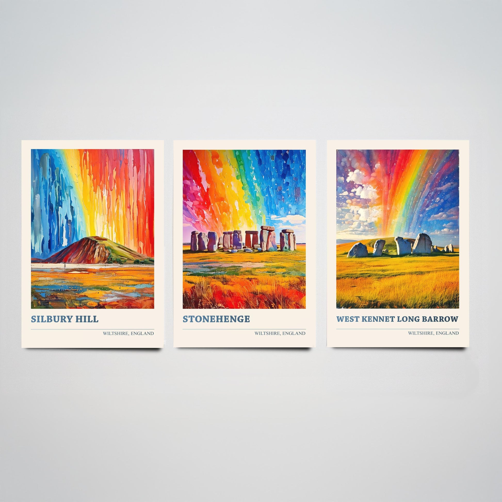 Wiltshire Heritage Set of Three Art Prints | Silbury Hill Stonehenge West Kennet Painting Poster