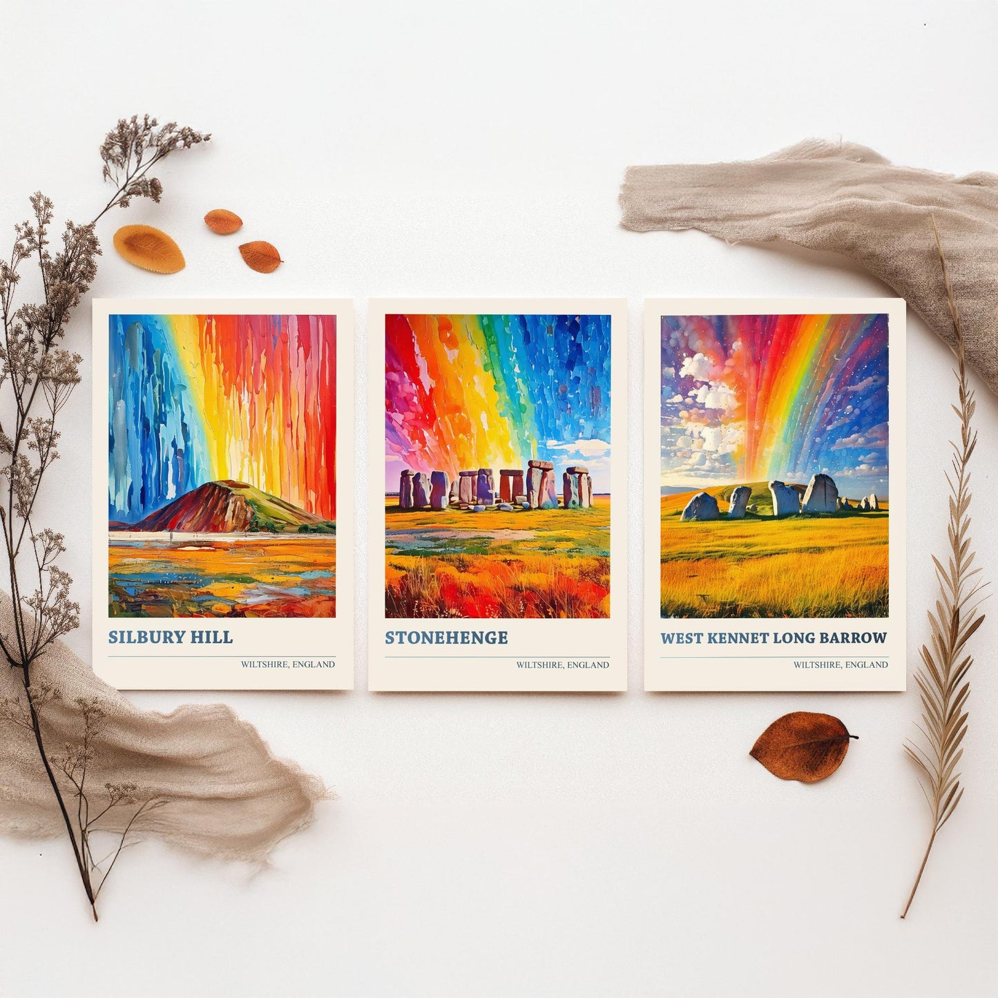 Wiltshire Heritage Set of Three Art Prints | Silbury Hill Stonehenge West Kennet Painting Poster