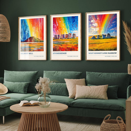 Wiltshire Heritage Set of Three Art Prints | Silbury Hill Stonehenge West Kennet Painting Poster