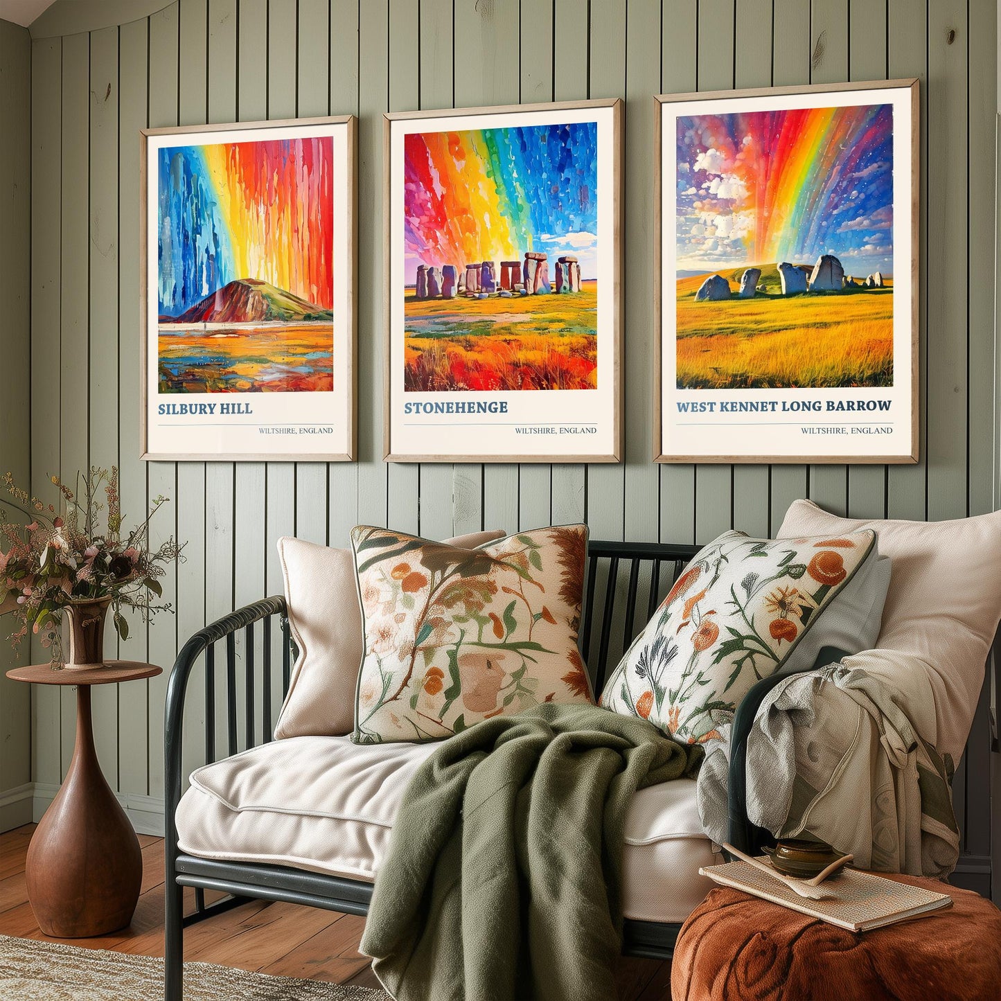 Wiltshire Heritage Set of Three Art Prints | Silbury Hill Stonehenge West Kennet Painting Poster