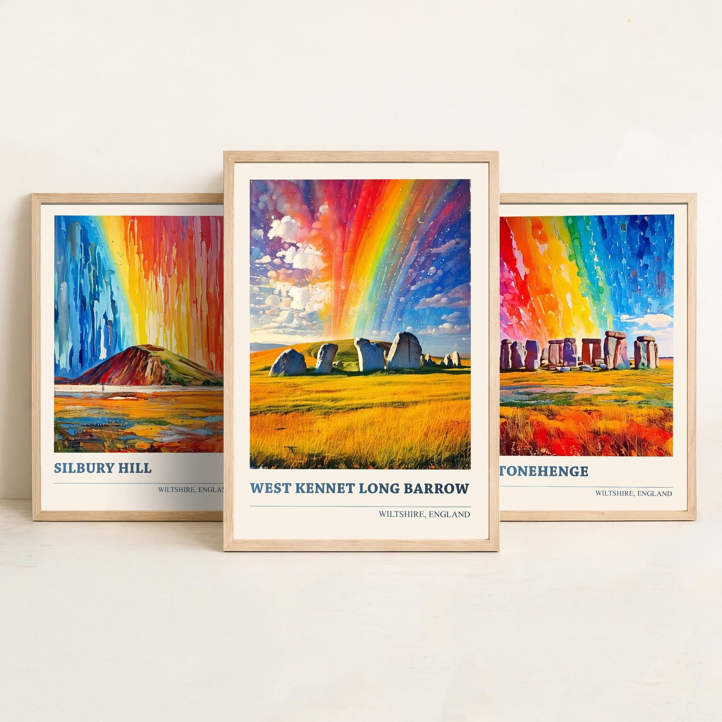 Wiltshire Heritage Set of Three Art Prints | Silbury Hill Stonehenge West Kennet Painting Poster