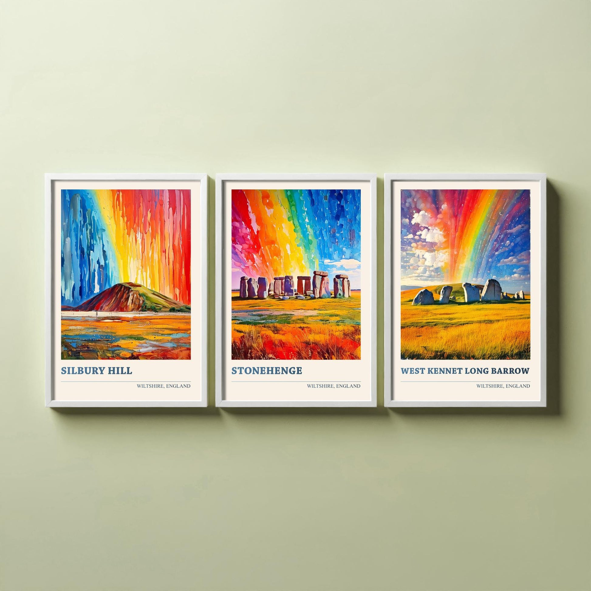 Wiltshire Heritage Set of Three Art Prints | Silbury Hill Stonehenge West Kennet Painting Poster