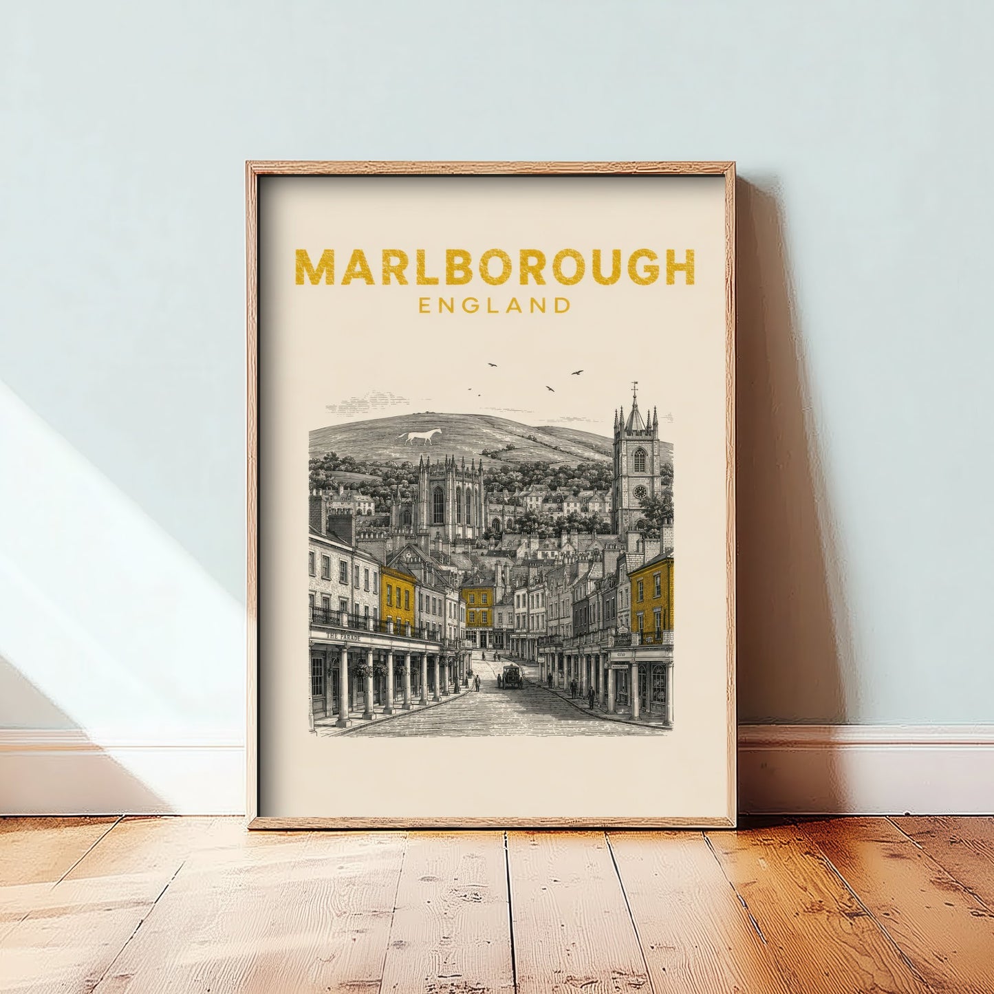 Marlborough England Travel Poster - Vintage Duotone Art Print - Engraved City Illustration - High Street and White Horse 1/3