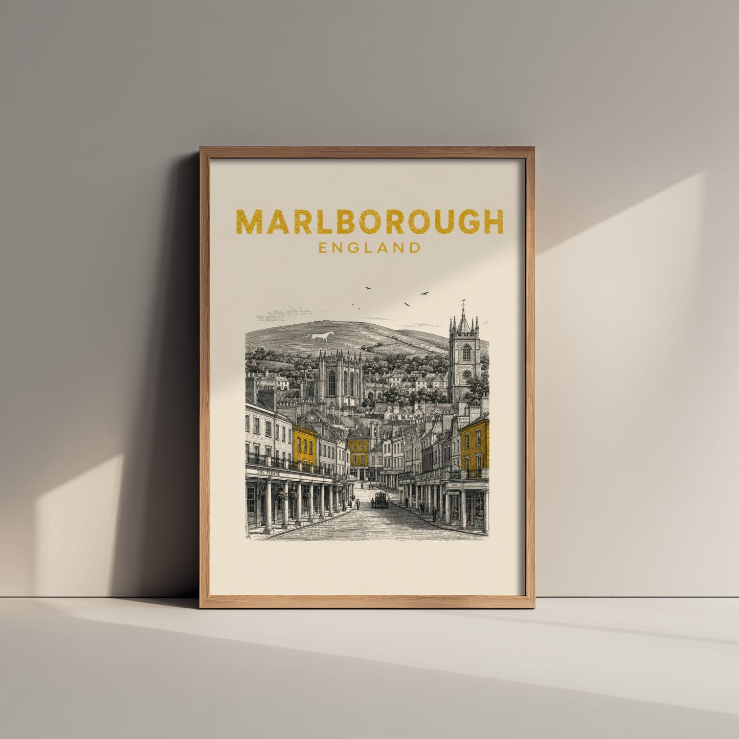 Marlborough England Travel Poster - Vintage Duotone Art Print - Engraved City Illustration - High Street and White Horse 1/3