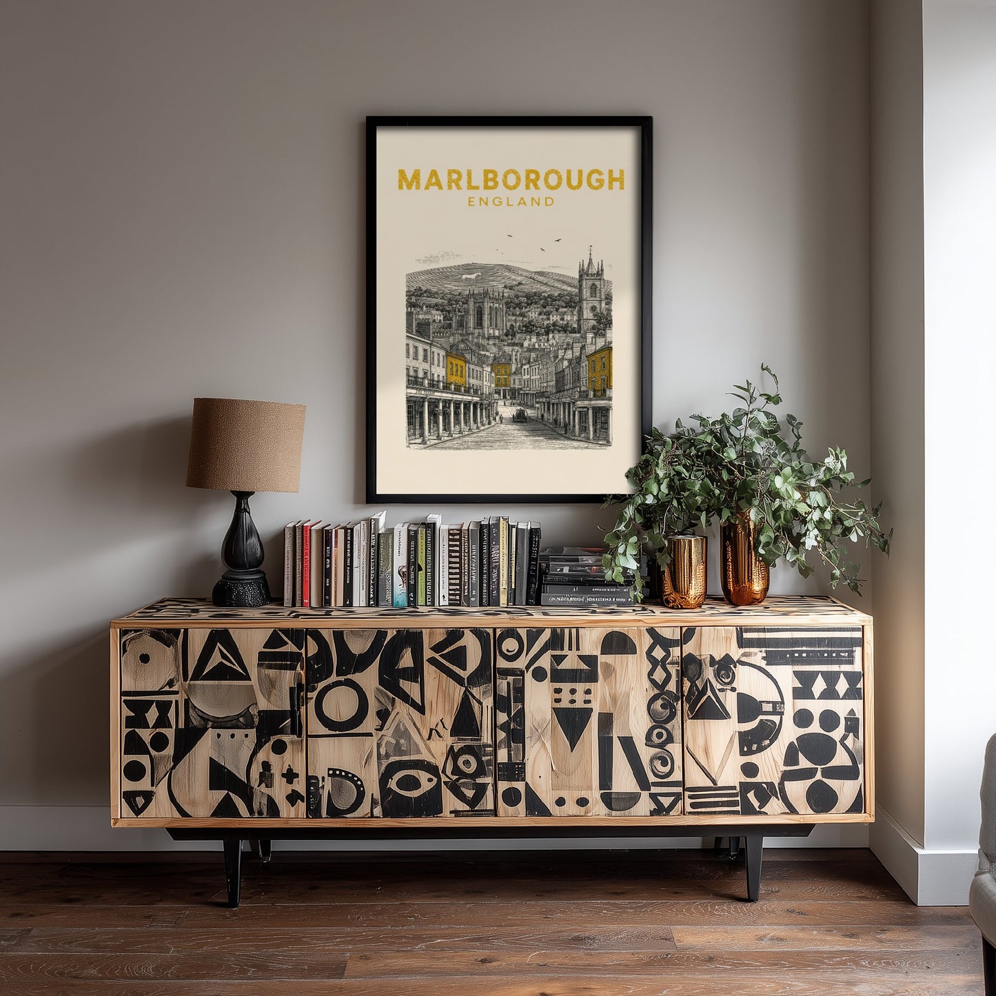 Marlborough England Travel Poster - Vintage Duotone Art Print - Engraved City Illustration - High Street and White Horse 1/3