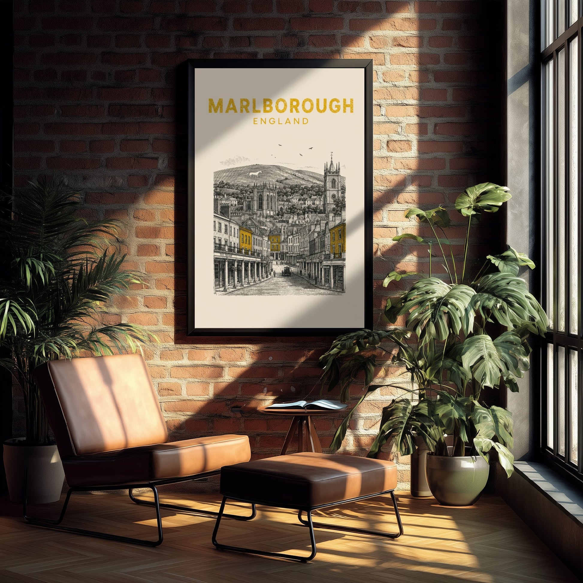 Marlborough England Travel Poster - Vintage Duotone Art Print - Engraved City Illustration - High Street and White Horse 1/3