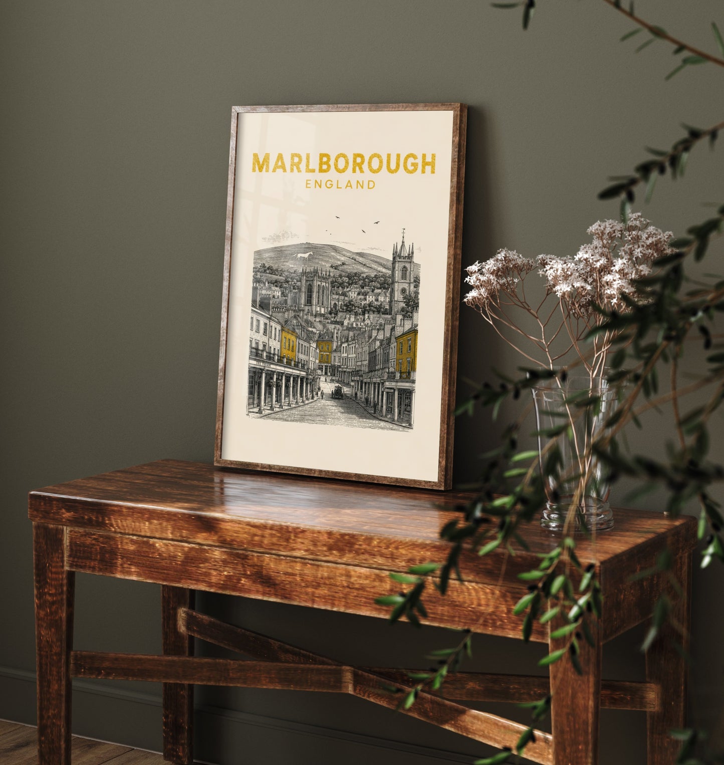 Marlborough England Travel Poster - Vintage Duotone Art Print - Engraved City Illustration - High Street and White Horse 1/3