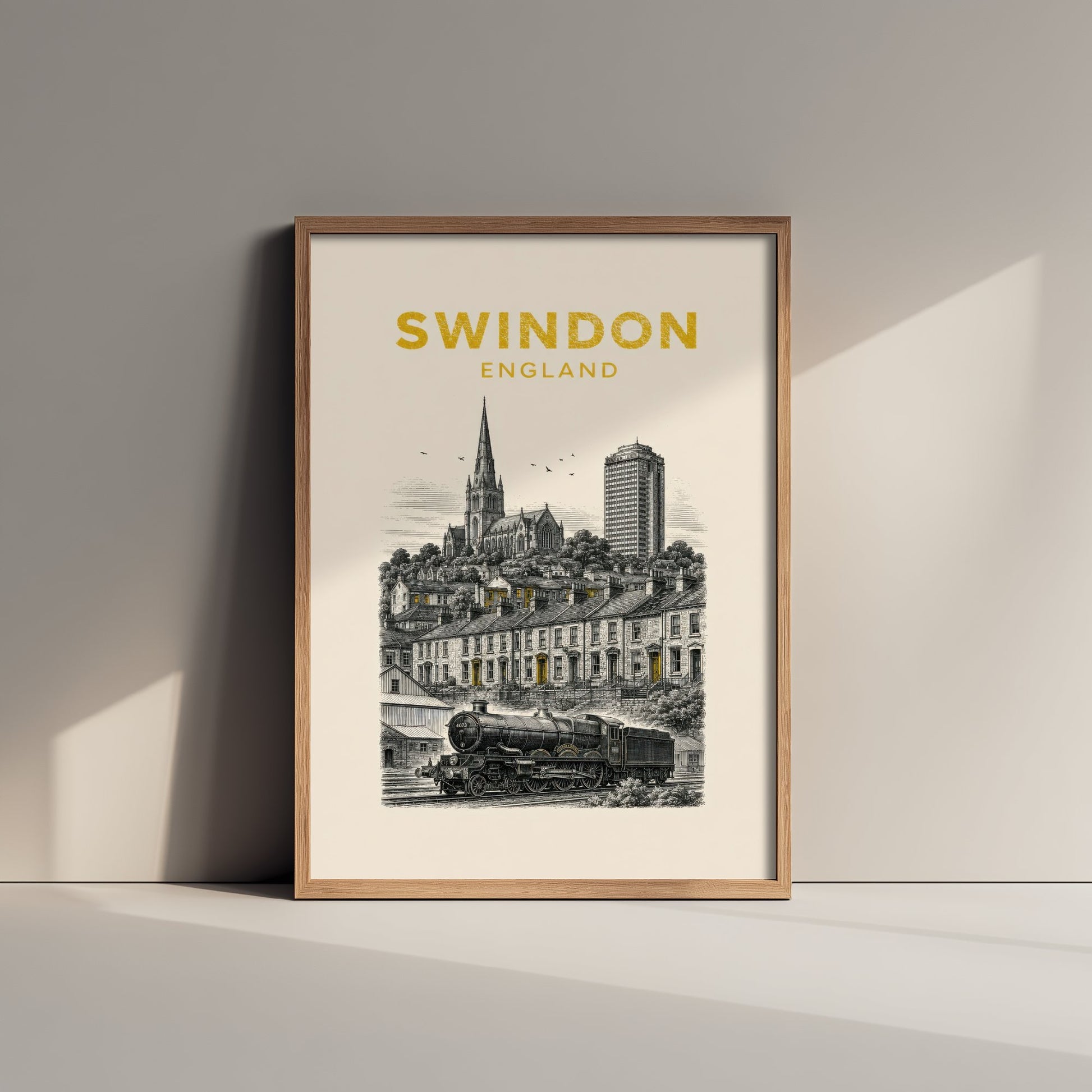 Swindon England Travel Poster - Vintage Duotone Art Print - Engraved City Illustration - Steam Railway Heritage 2/3