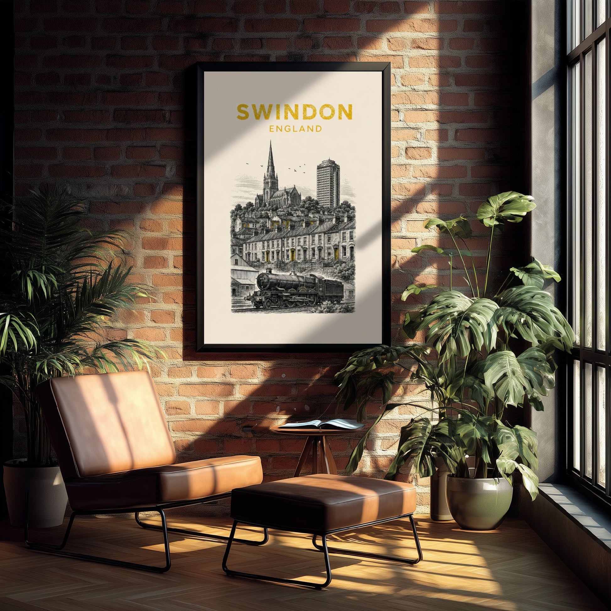 Swindon England Travel Poster - Vintage Duotone Art Print - Engraved City Illustration - Steam Railway Heritage 2/3