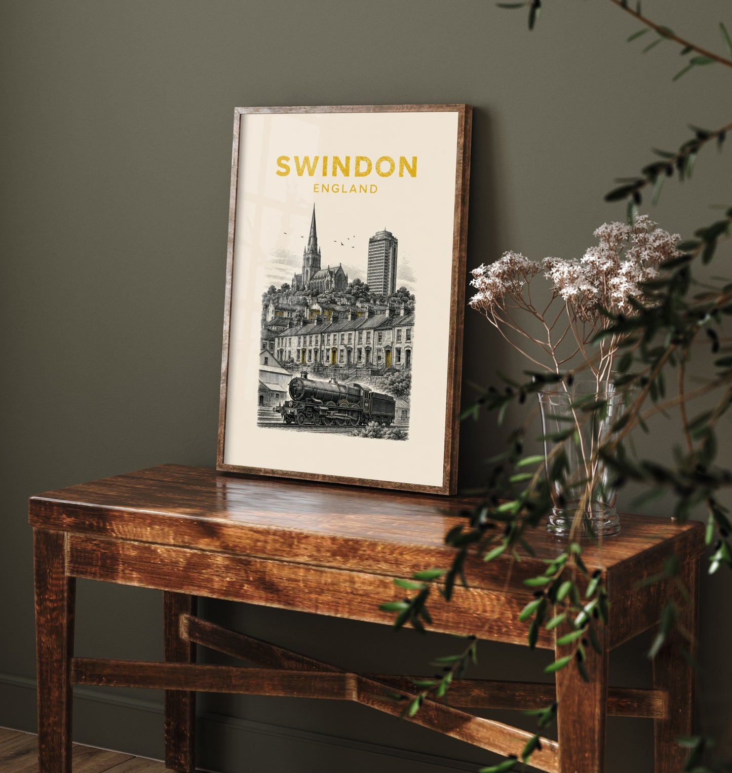 Swindon England Travel Poster - Vintage Duotone Art Print - Engraved City Illustration - Steam Railway Heritage 2/3