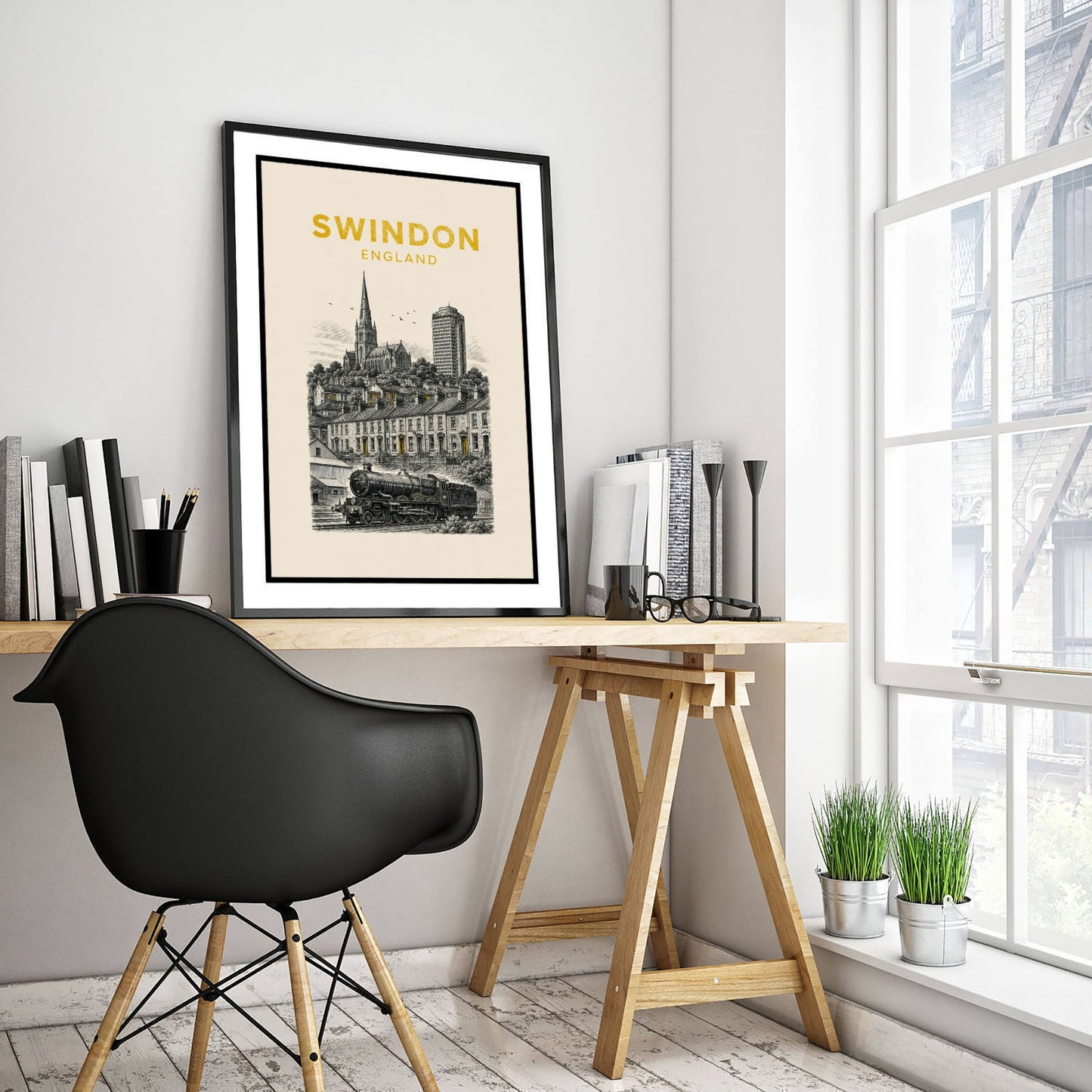 Swindon England Travel Poster - Vintage Duotone Art Print - Engraved City Illustration - Steam Railway Heritage 2/3