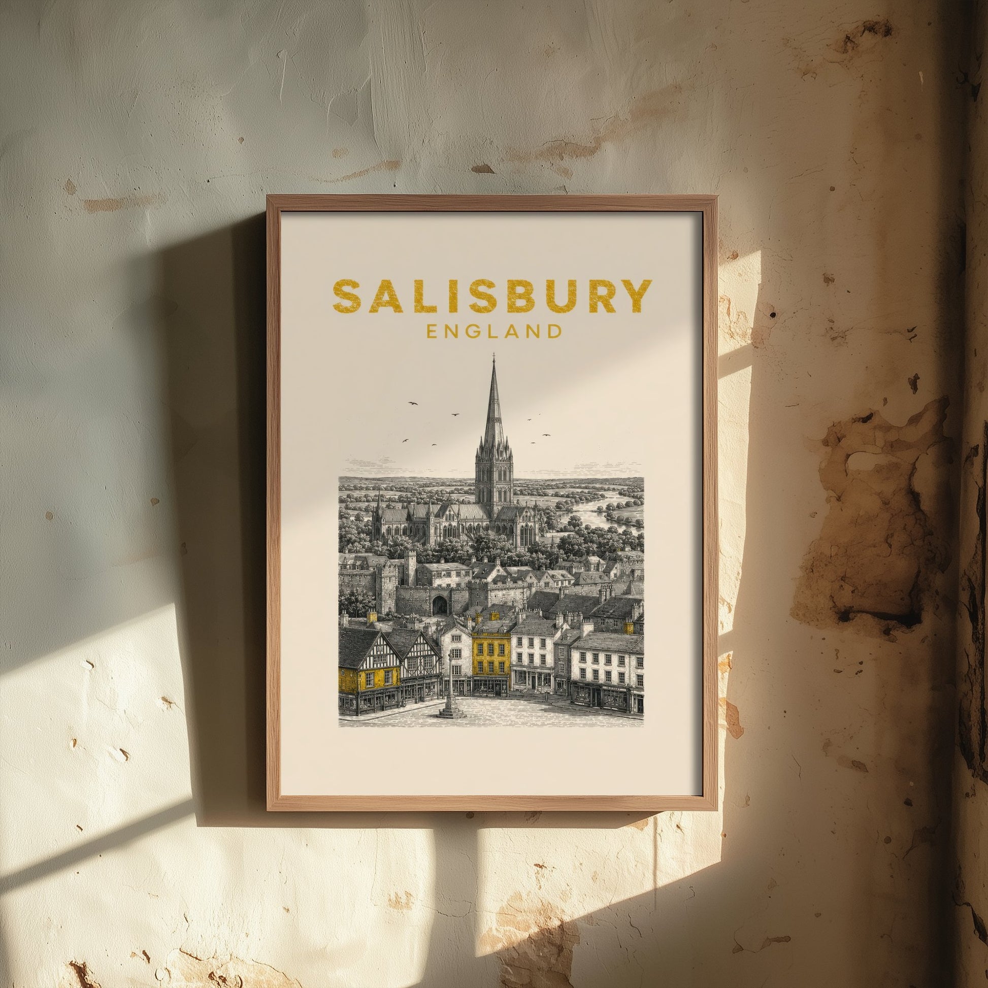 Salisbury England Travel Poster - Vintage Duotone Art Print - Engraved City Illustration - Cathedral Spire 3/3