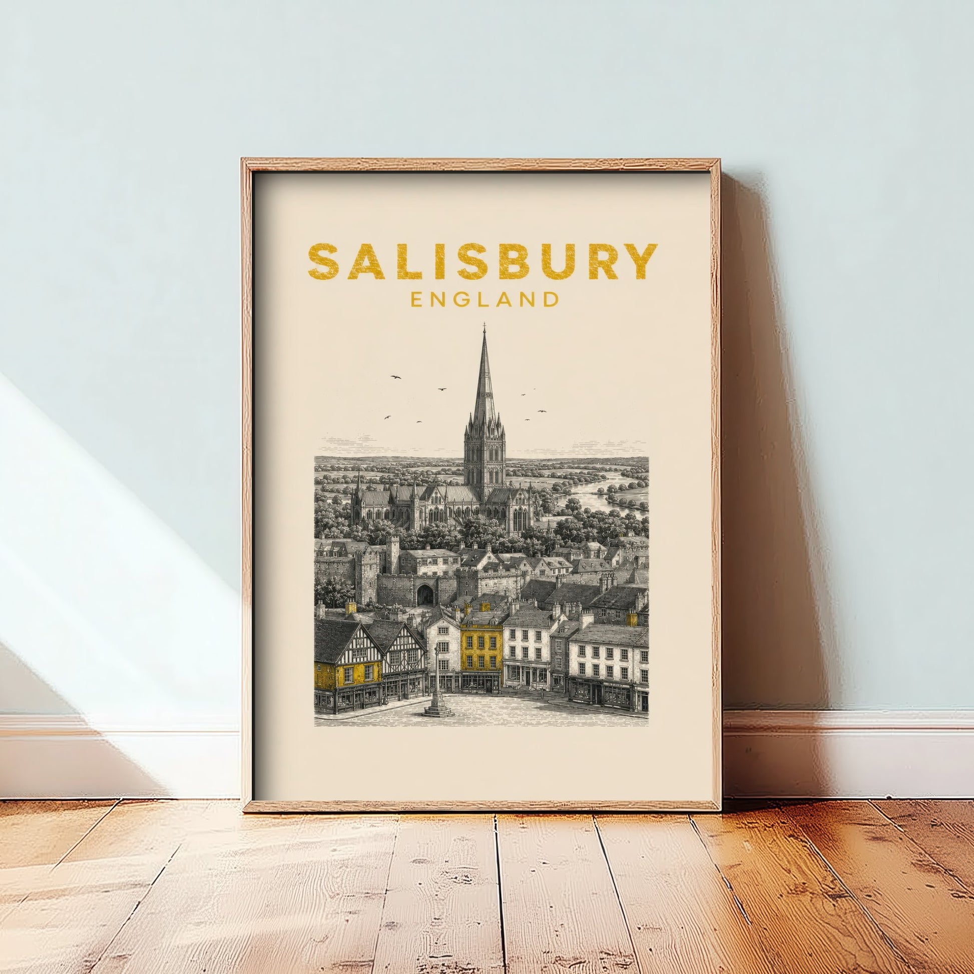 Salisbury England Travel Poster - Vintage Duotone Art Print - Engraved City Illustration - Cathedral Spire 3/3