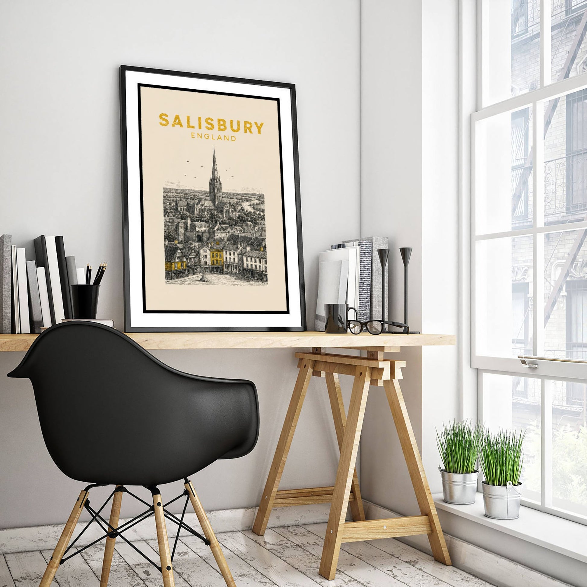 Salisbury England Travel Poster - Vintage Duotone Art Print - Engraved City Illustration - Cathedral Spire 3/3