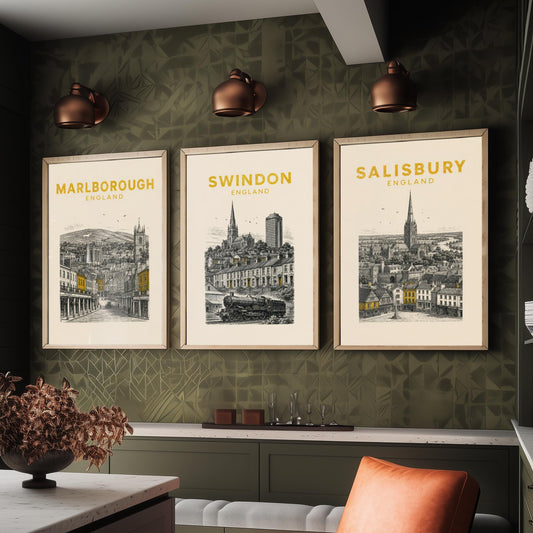 Set of Three Wiltshire Travel Posters - Marlborough, Swindon, Salisbury - Vintage Duotone Art Prints - England Illustration Gift