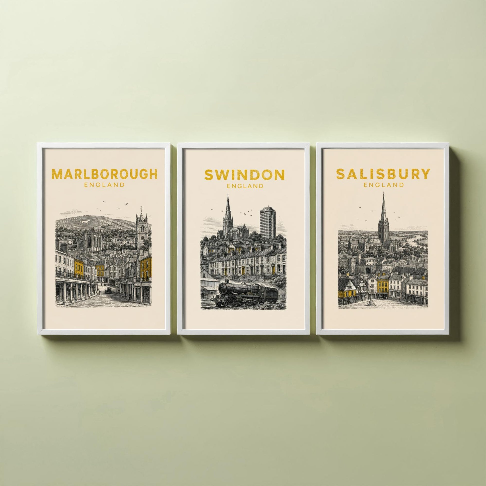 Set of Three Wiltshire Travel Posters - Marlborough, Swindon, Salisbury - Vintage Duotone Art Prints - England Illustration Gift