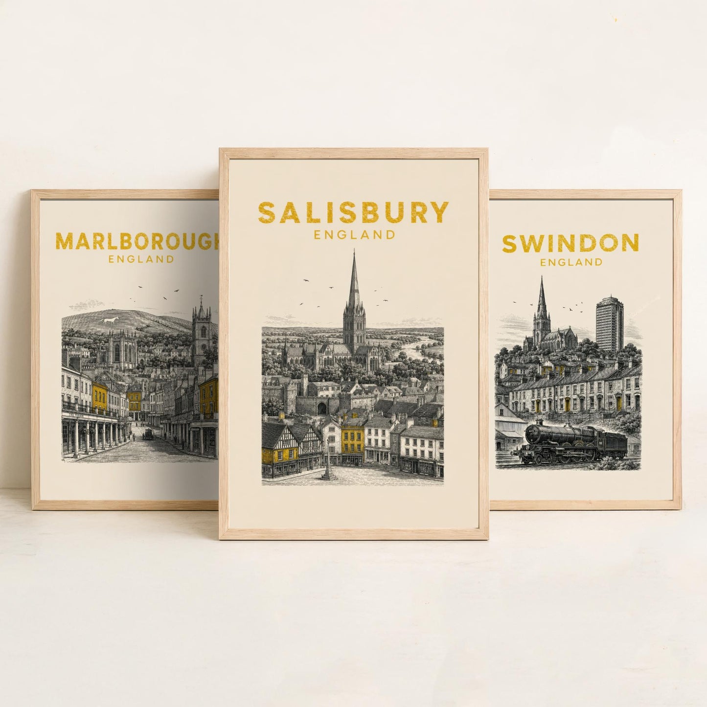 Set of Three Wiltshire Travel Posters - Marlborough, Swindon, Salisbury - Vintage Duotone Art Prints - England Illustration Gift