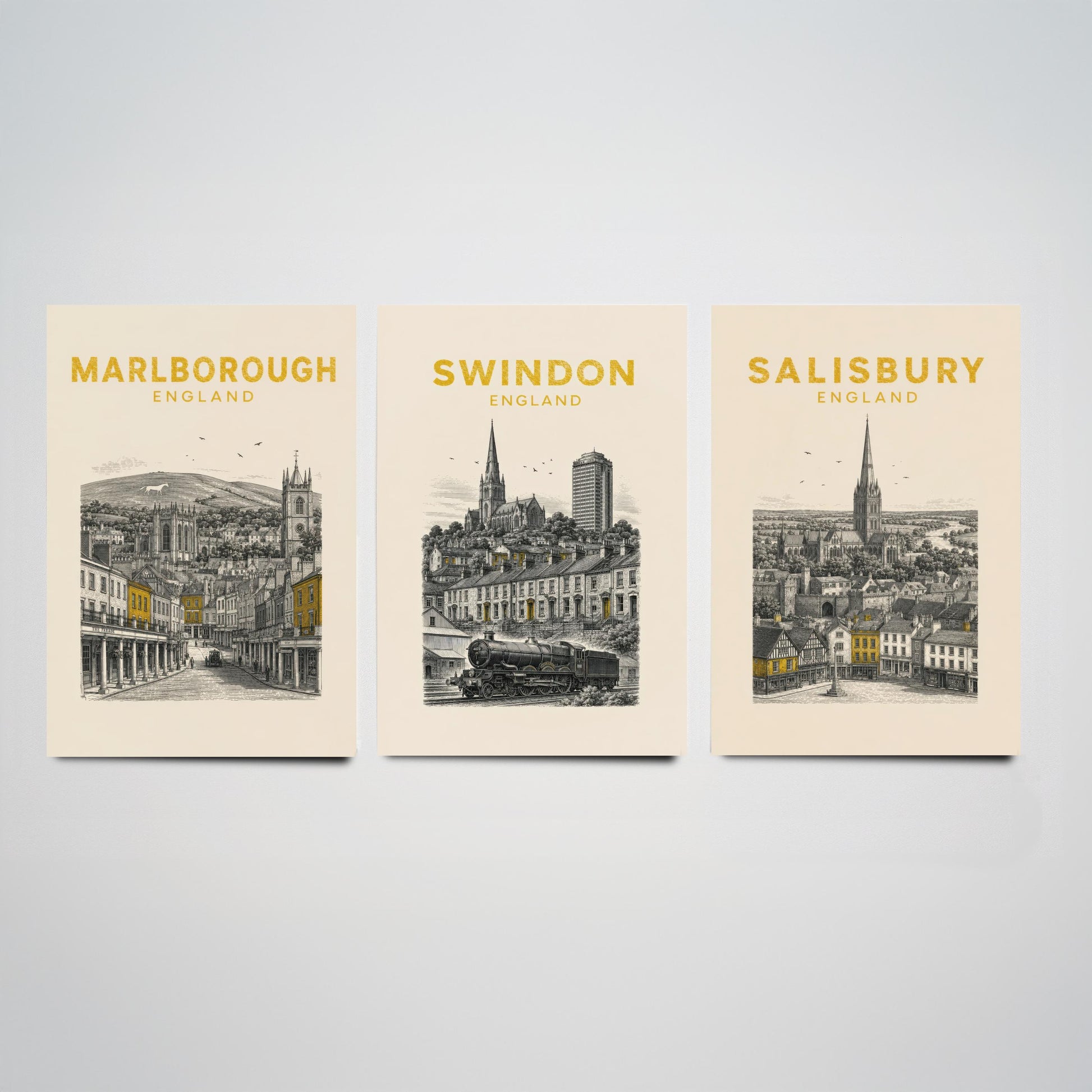 Set of Three Wiltshire Travel Posters - Marlborough, Swindon, Salisbury - Vintage Duotone Art Prints - England Illustration Gift