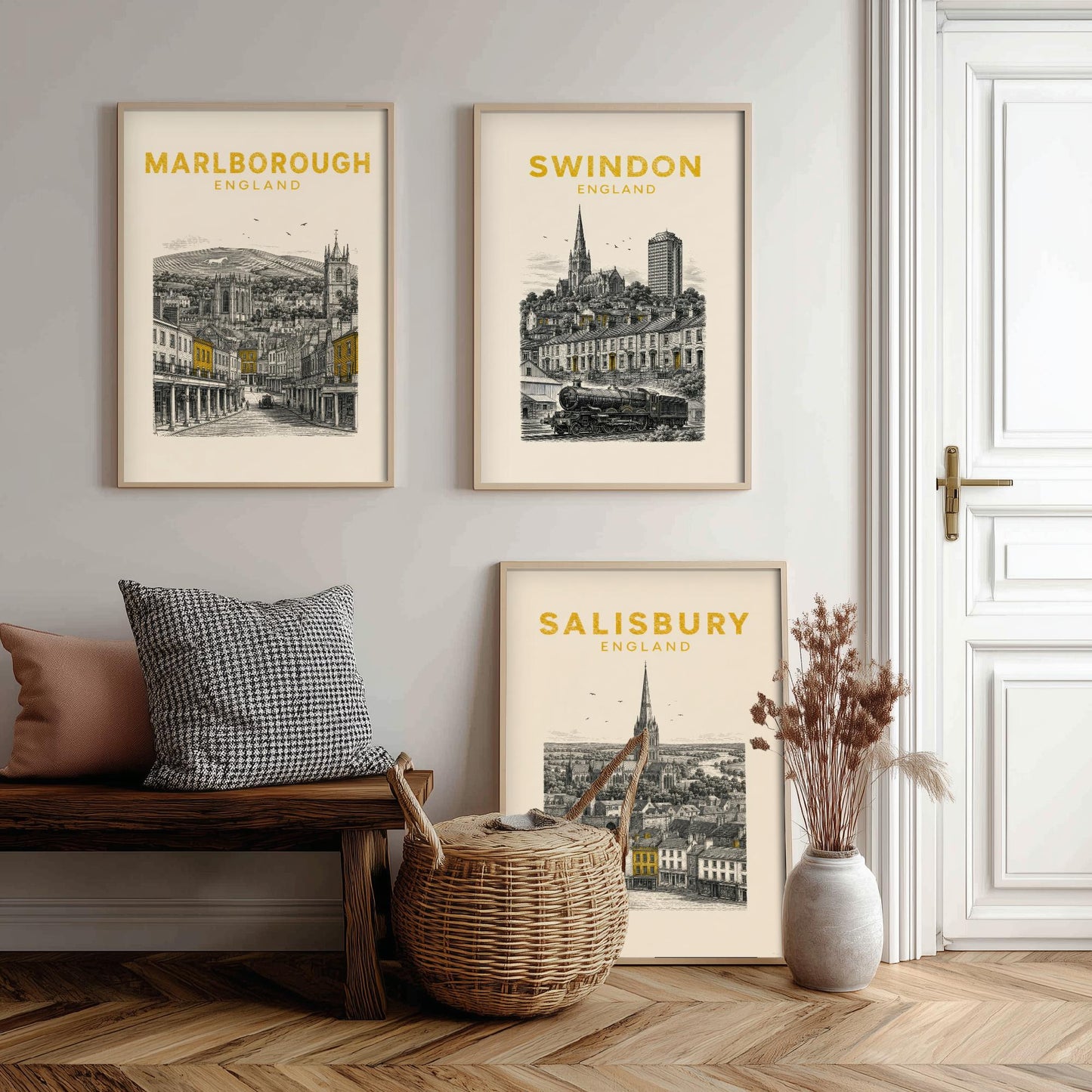 Set of Three Wiltshire Travel Posters - Marlborough, Swindon, Salisbury - Vintage Duotone Art Prints - England Illustration Gift