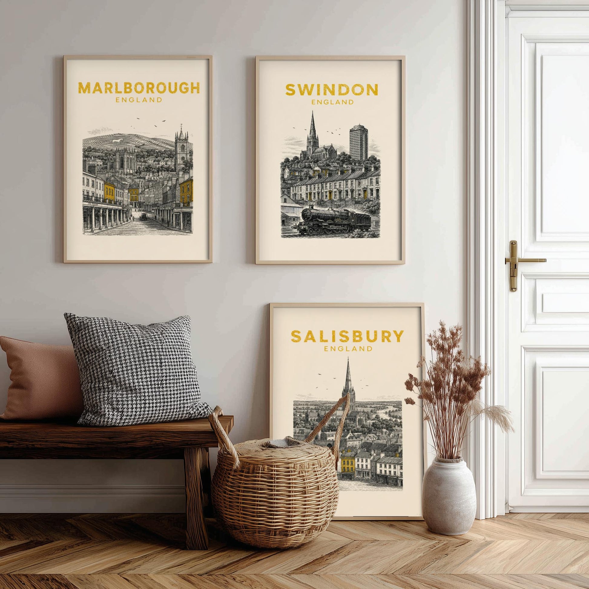 Set of Three Wiltshire Travel Posters - Marlborough, Swindon, Salisbury - Vintage Duotone Art Prints - England Illustration Gift