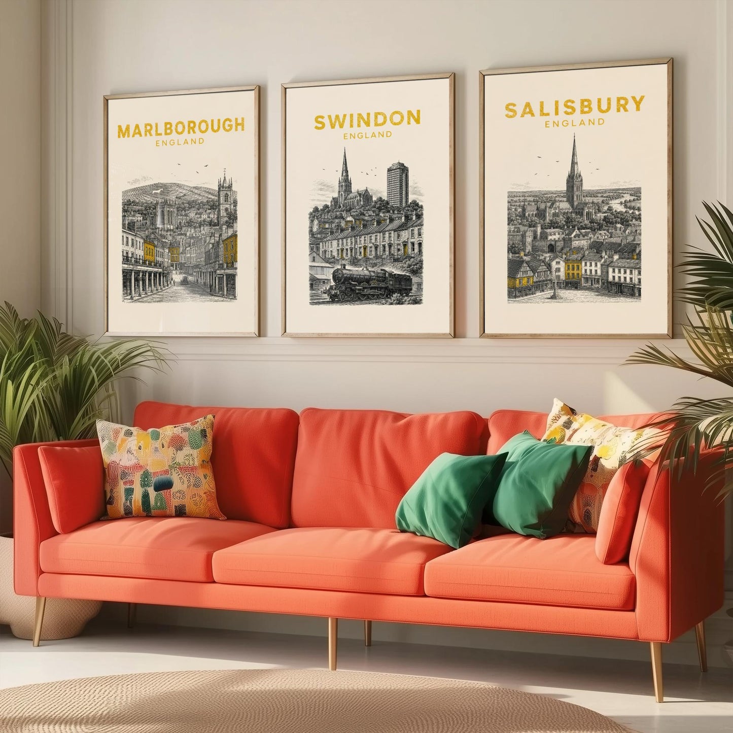 Set of Three Wiltshire Travel Posters - Marlborough, Swindon, Salisbury - Vintage Duotone Art Prints - England Illustration Gift