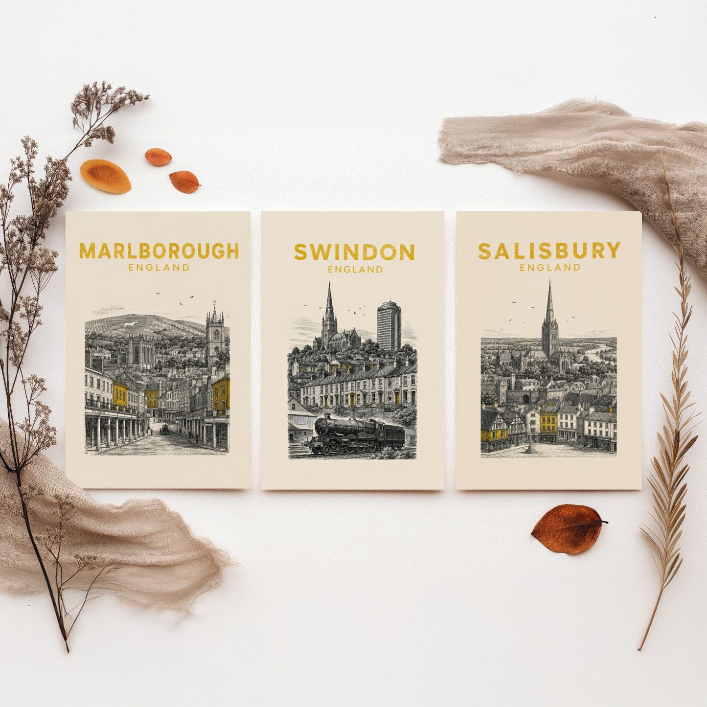 Set of Three Wiltshire Travel Posters - Marlborough, Swindon, Salisbury - Vintage Duotone Art Prints - England Illustration Gift