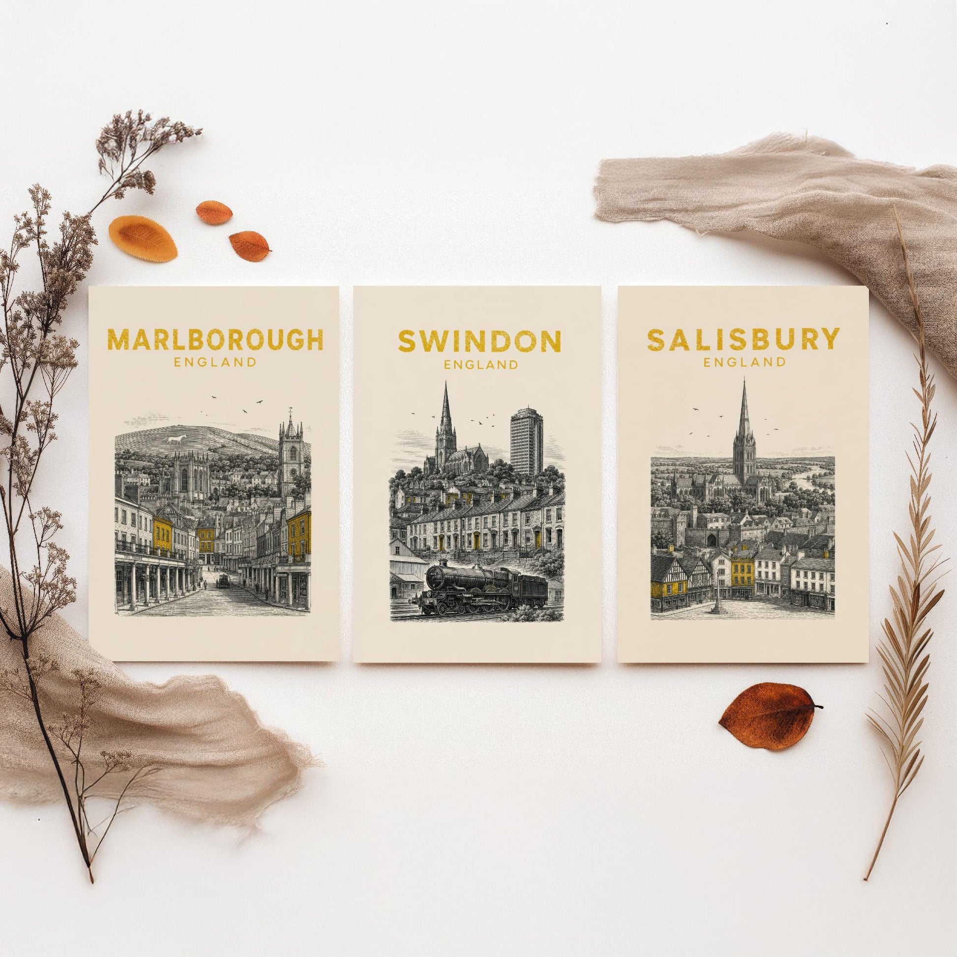 Set of Three Wiltshire Travel Posters - Marlborough, Swindon, Salisbury - Vintage Duotone Art Prints - England Illustration Gift