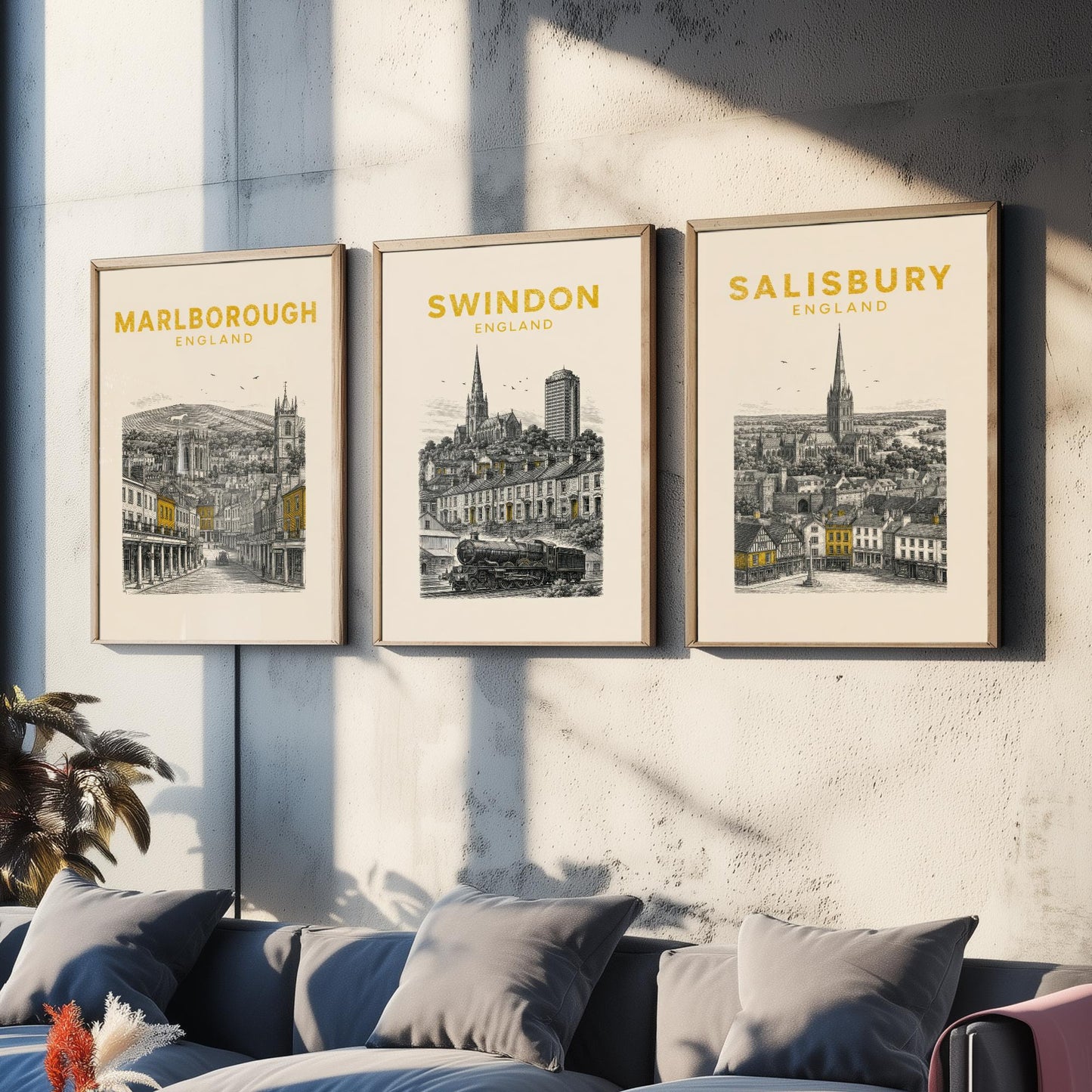 Set of Three Wiltshire Travel Posters - Marlborough, Swindon, Salisbury - Vintage Duotone Art Prints - England Illustration Gift