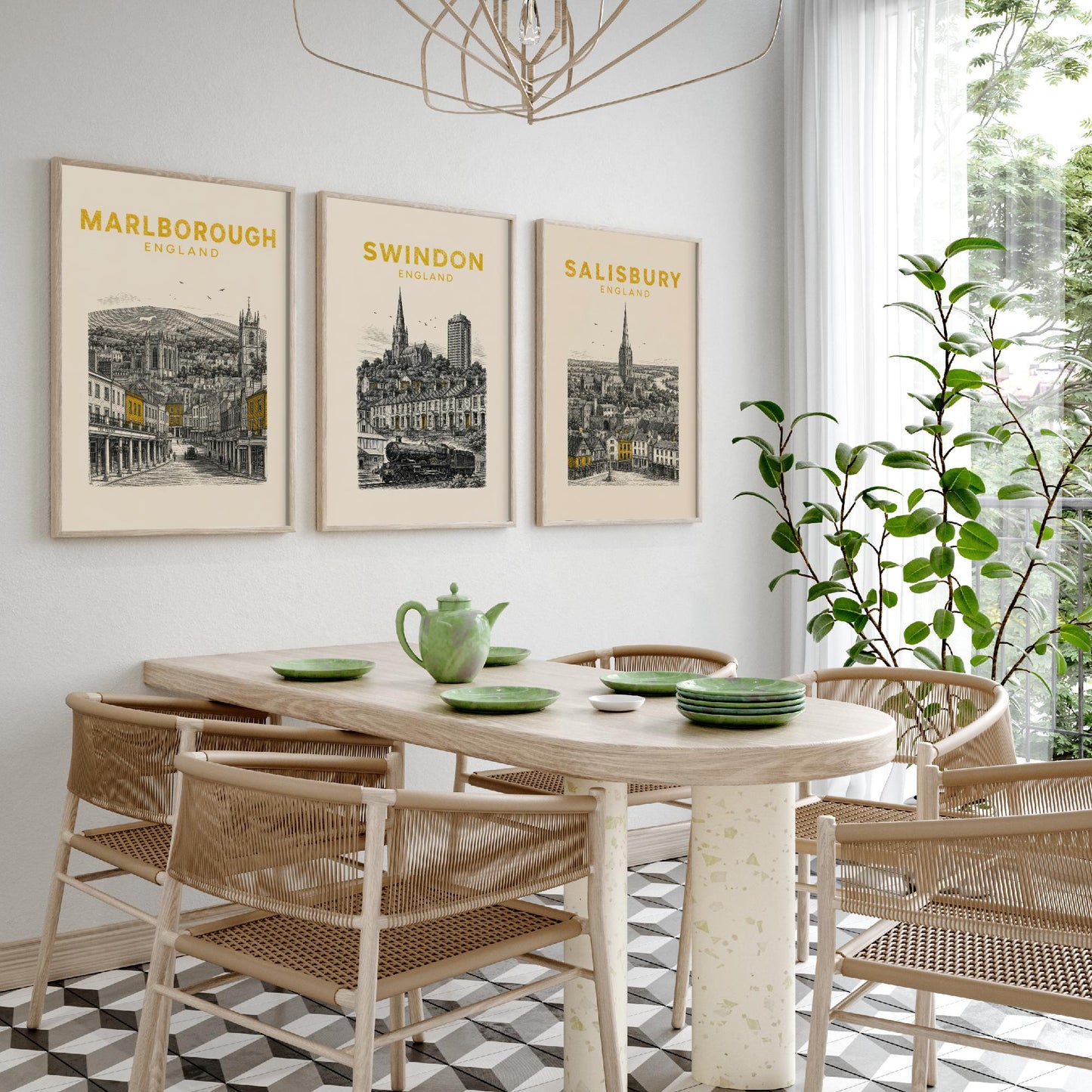 Set of Three Wiltshire Travel Posters - Marlborough, Swindon, Salisbury - Vintage Duotone Art Prints - England Illustration Gift