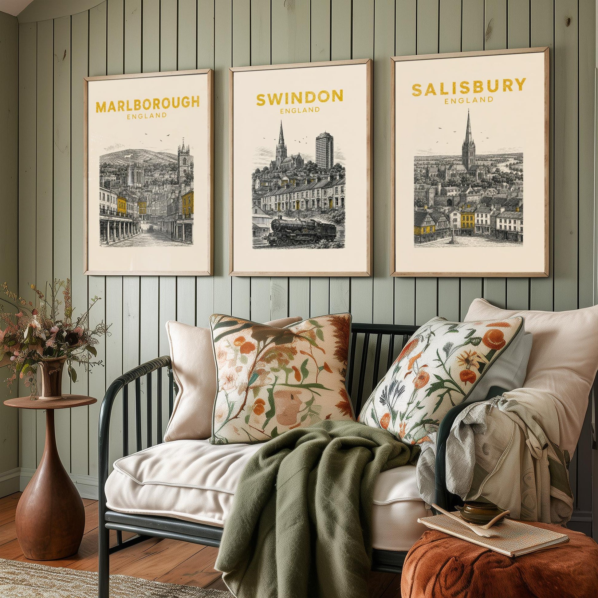 Set of Three Wiltshire Travel Posters - Marlborough, Swindon, Salisbury - Vintage Duotone Art Prints - England Illustration Gift