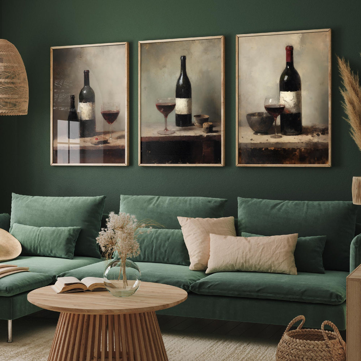 Red Wine Bottle and Glass Set of Three Art Prints - Dark Rustic Still Life Poster - Old Master Style Kitchen Illustration