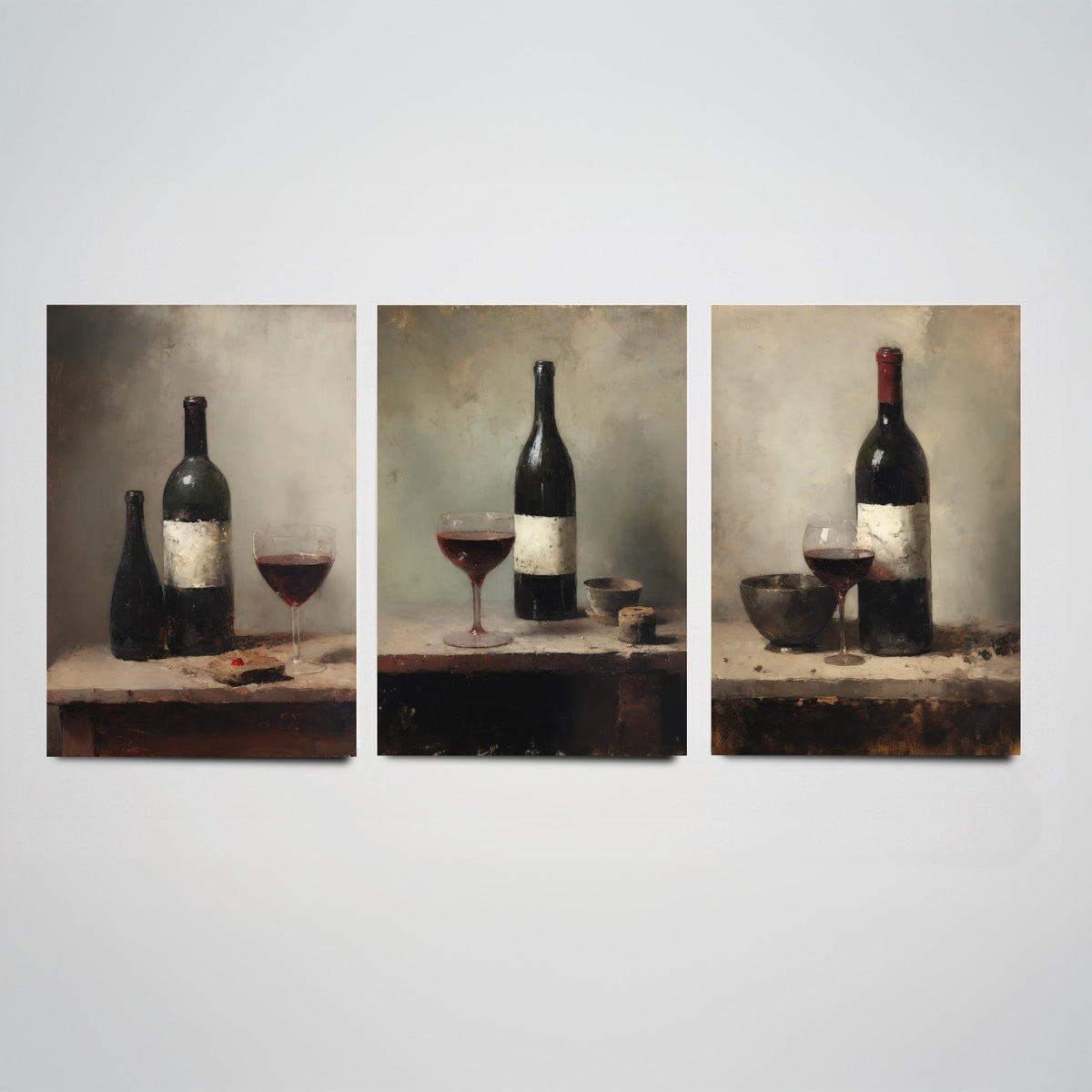 Red Wine Bottle and Glass Set of Three Art Prints - Dark Rustic Still Life Poster - Old Master Style Kitchen Illustration