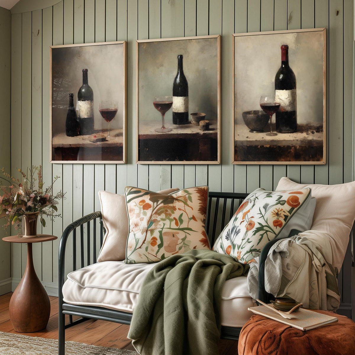 Red Wine Bottle and Glass Set of Three Art Prints - Dark Rustic Still Life Poster - Old Master Style Kitchen Illustration