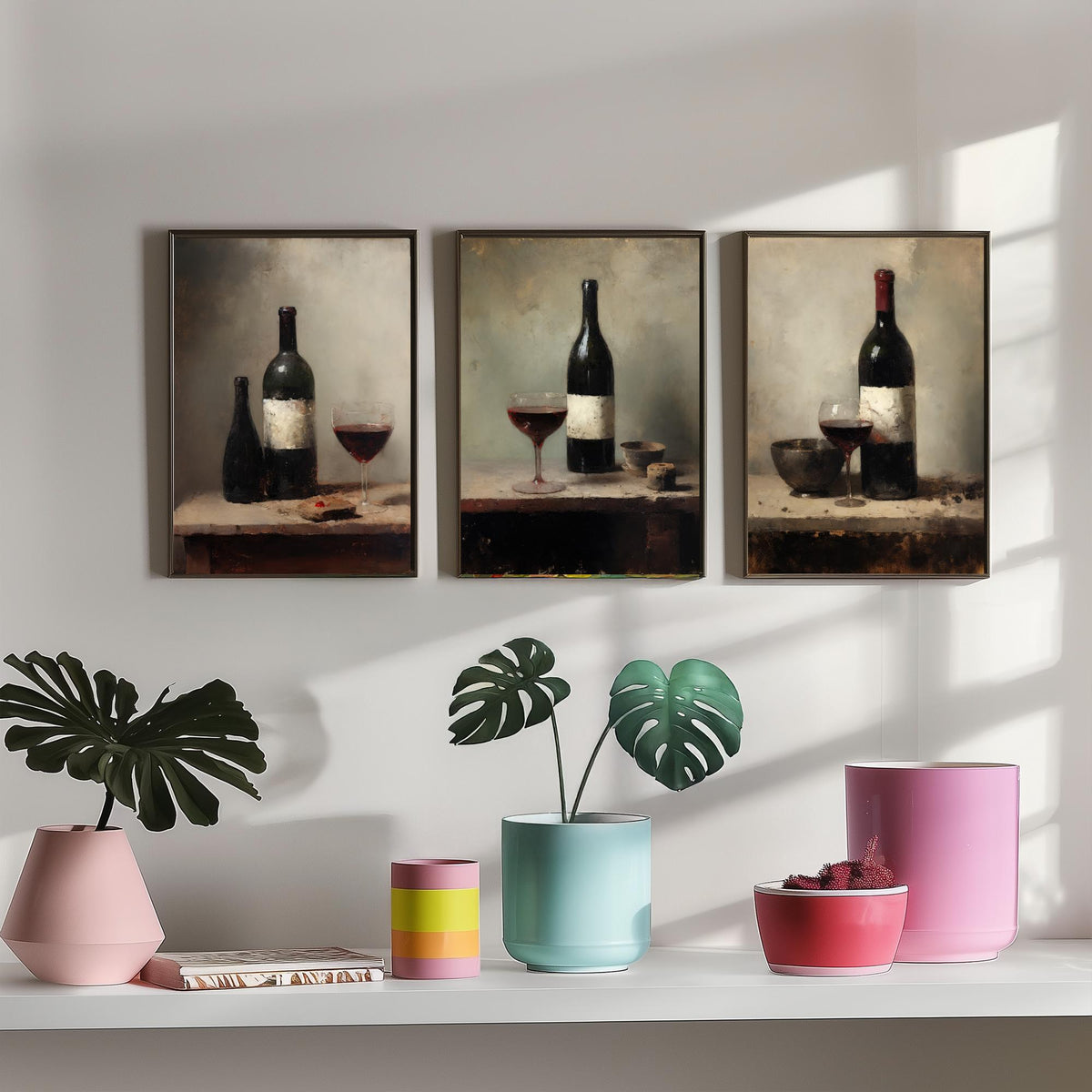 Red Wine Bottle and Glass Set of Three Art Prints - Dark Rustic Still Life Poster - Old Master Style Kitchen Illustration