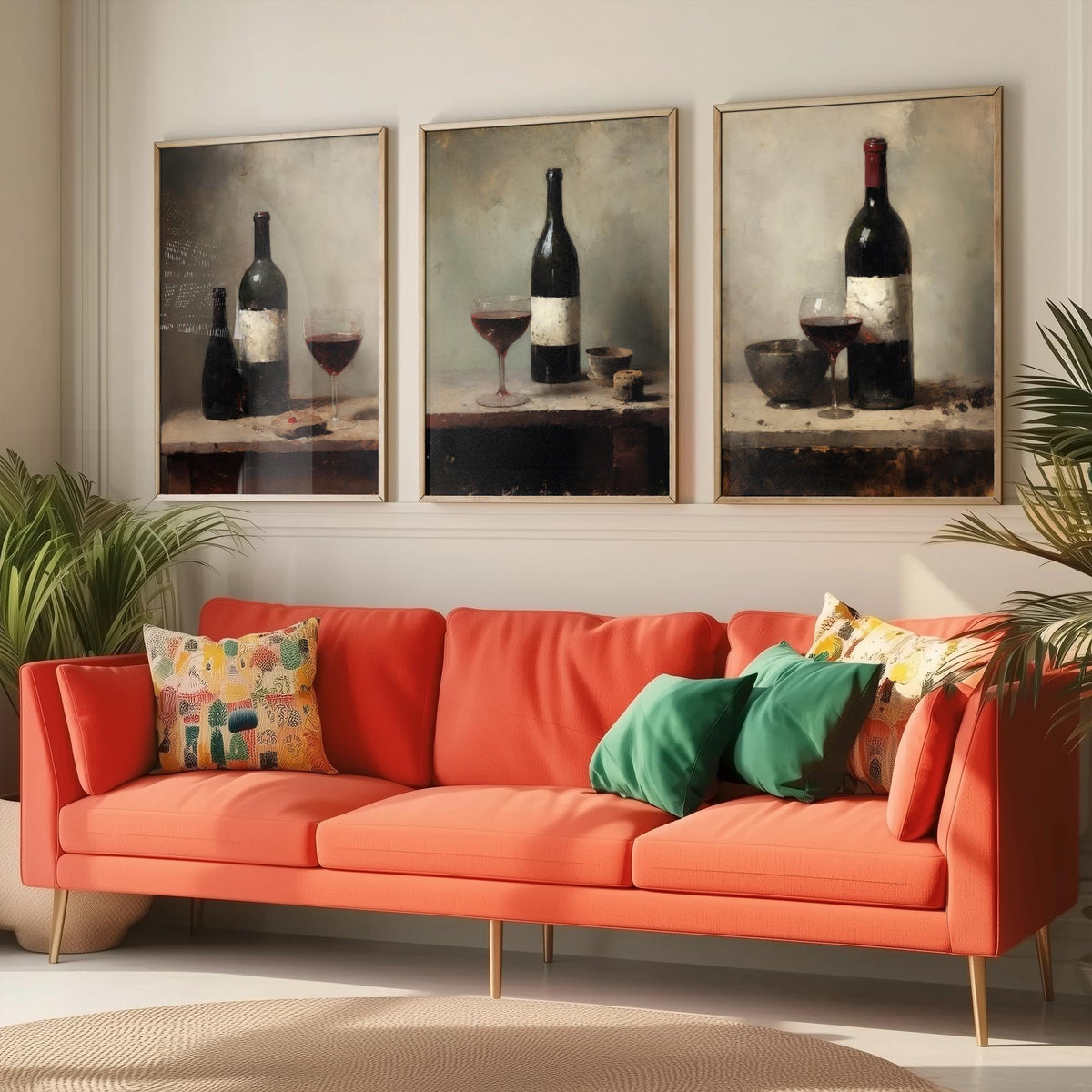Red Wine Bottle and Glass Set of Three Art Prints - Dark Rustic Still Life Poster - Old Master Style Kitchen Illustration