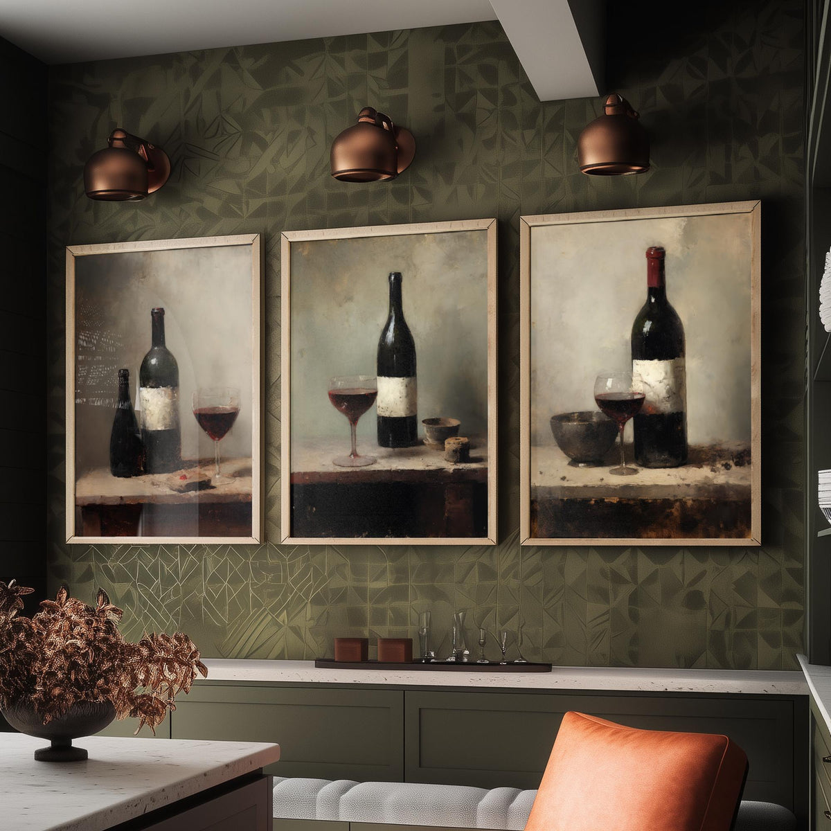 Red Wine Bottle and Glass Set of Three Art Prints - Dark Rustic Still Life Poster - Old Master Style Kitchen Illustration