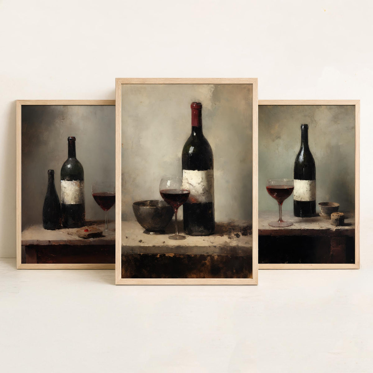 Red Wine Bottle and Glass Set of Three Art Prints - Dark Rustic Still Life Poster - Old Master Style Kitchen Illustration