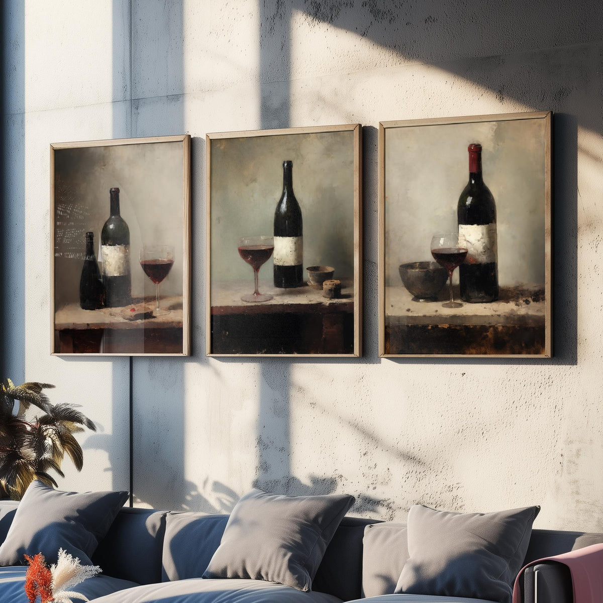 Red Wine Bottle and Glass Set of Three Art Prints - Dark Rustic Still Life Poster - Old Master Style Kitchen Illustration